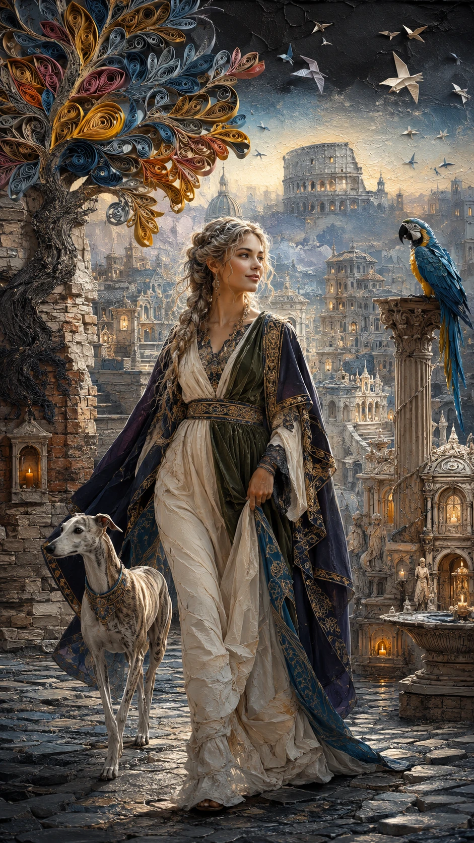 Elegante donna che cammina tra surreali strade dell’antica Roma