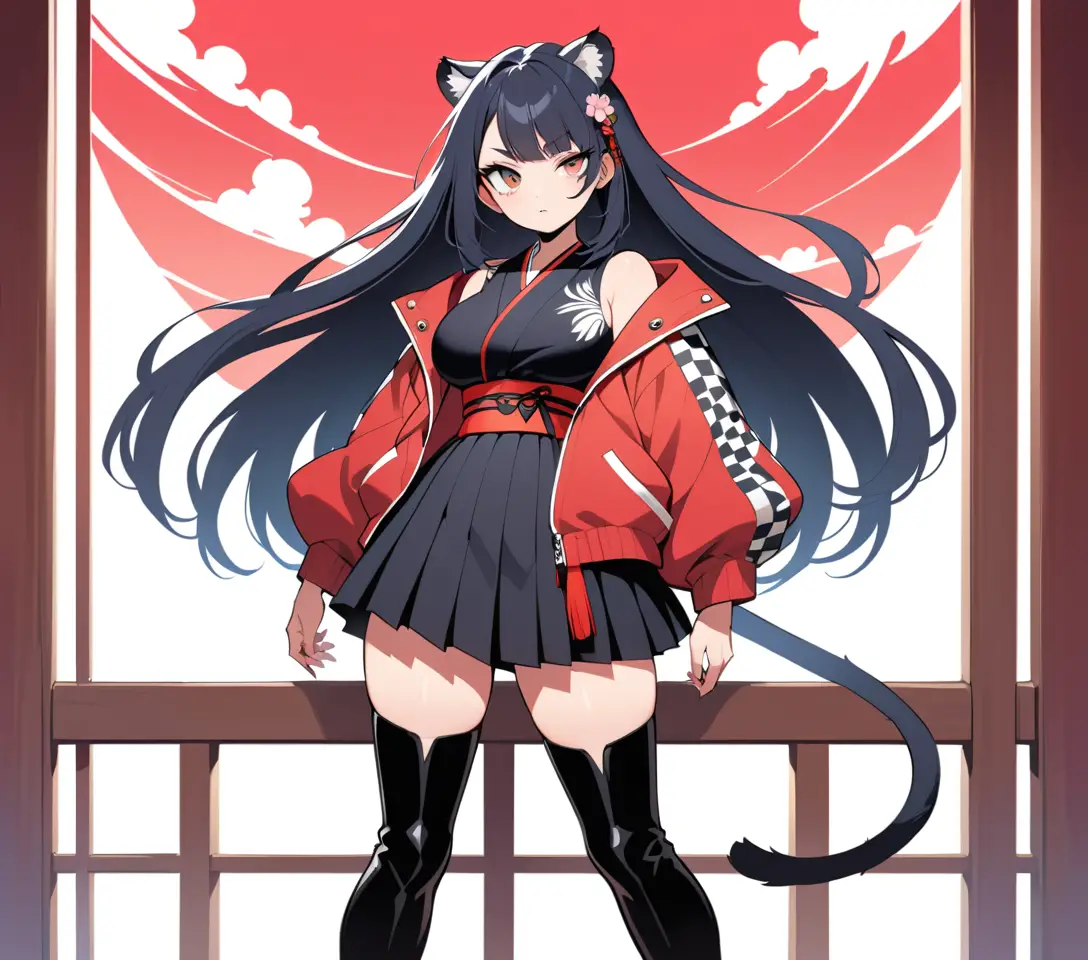 Femme au style anime audacieux en jupe plissée et longue veste