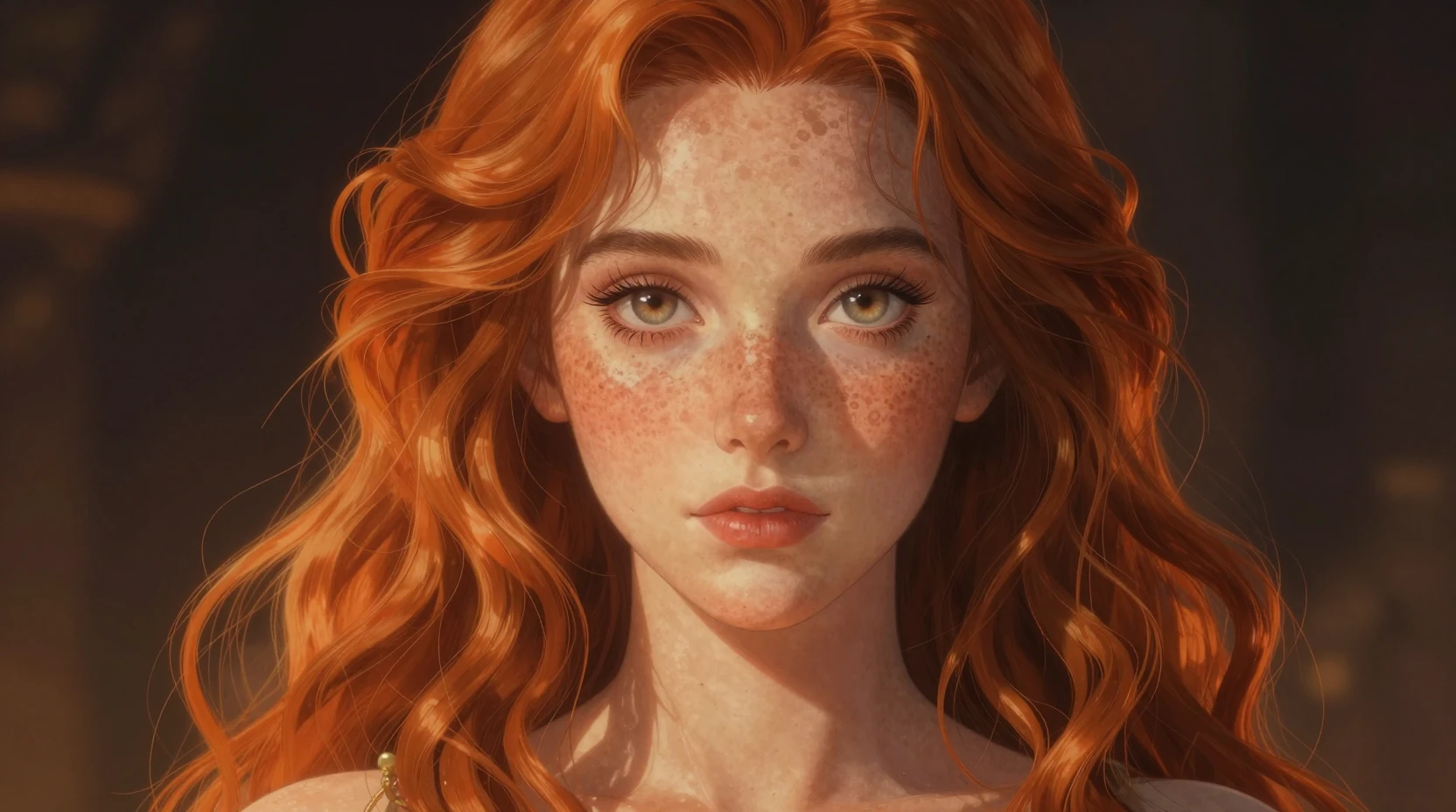 Retrato surreal em anime de uma mulher sardenta na luz dourada e quente