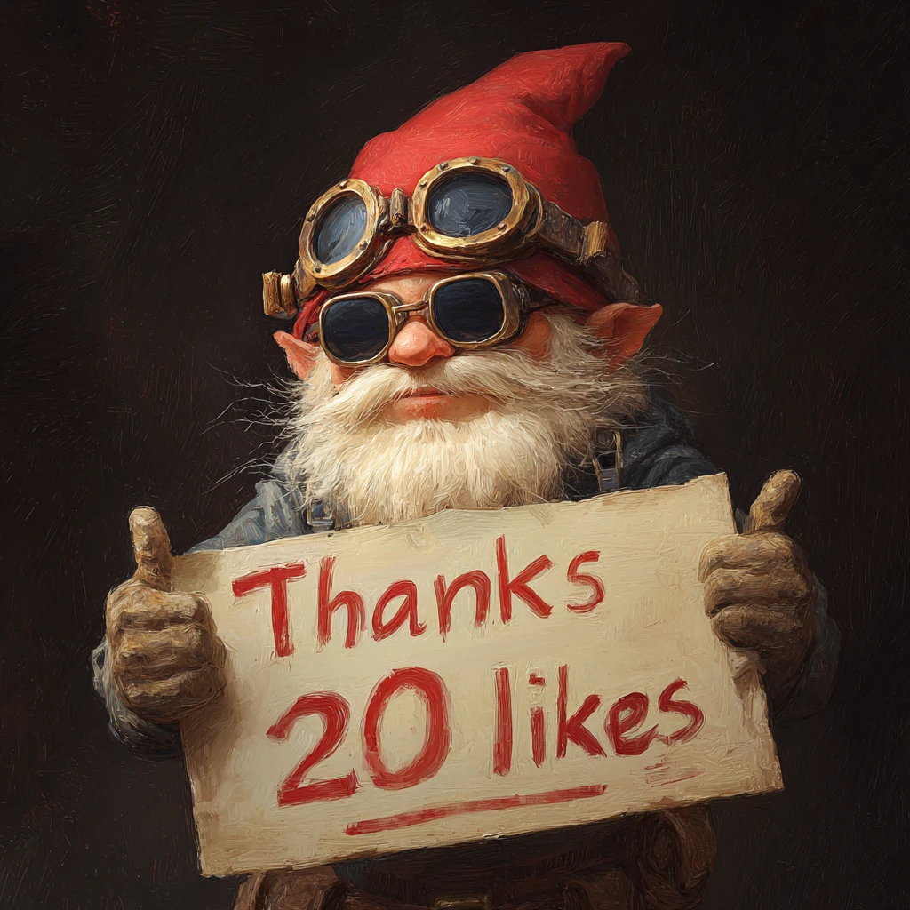 빨간 모자를 쓴 미소 짓는 노움이 감사 표시판을 들고 있는 모습