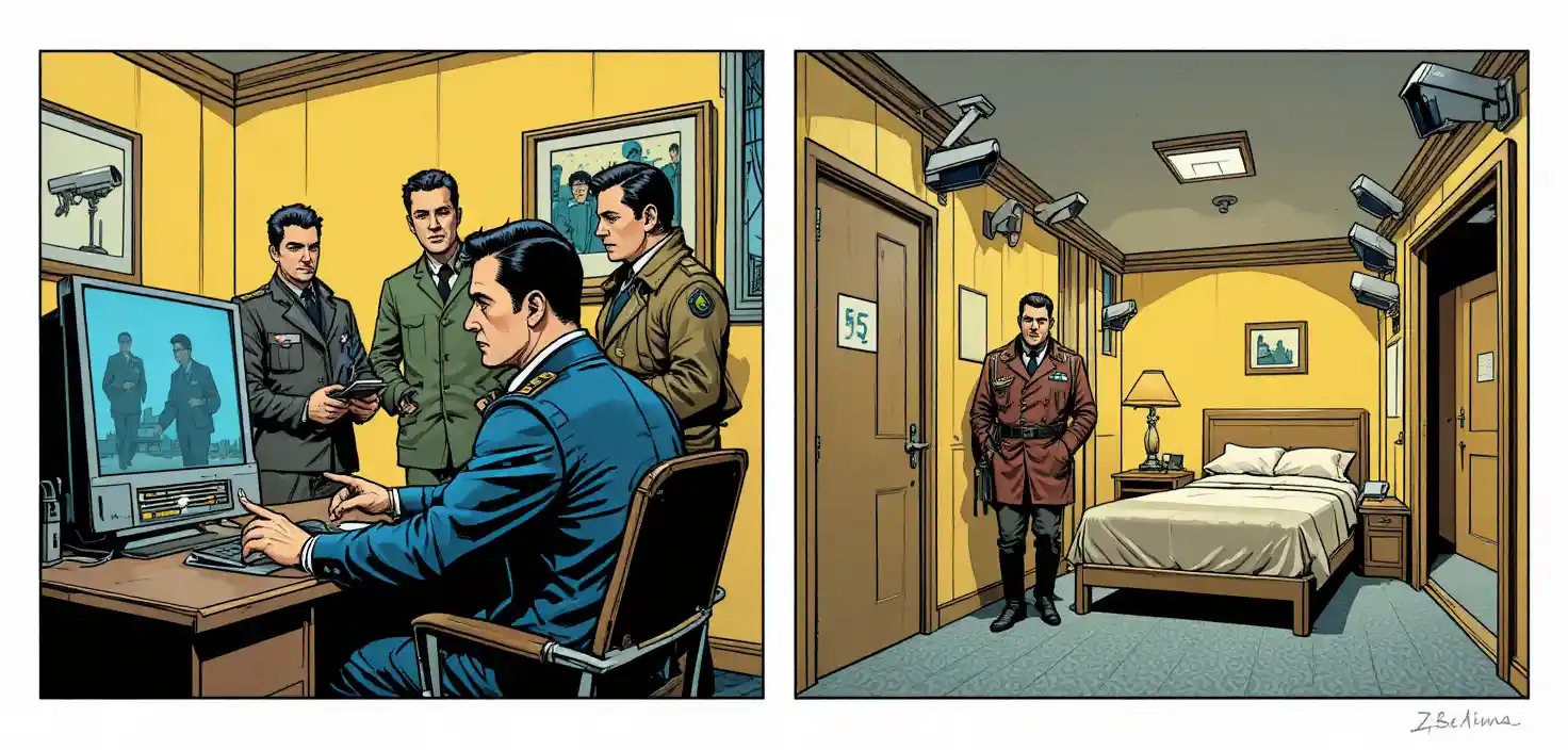 Männer überwachen Überwachungsaufnahmen in einem Comic-Büro