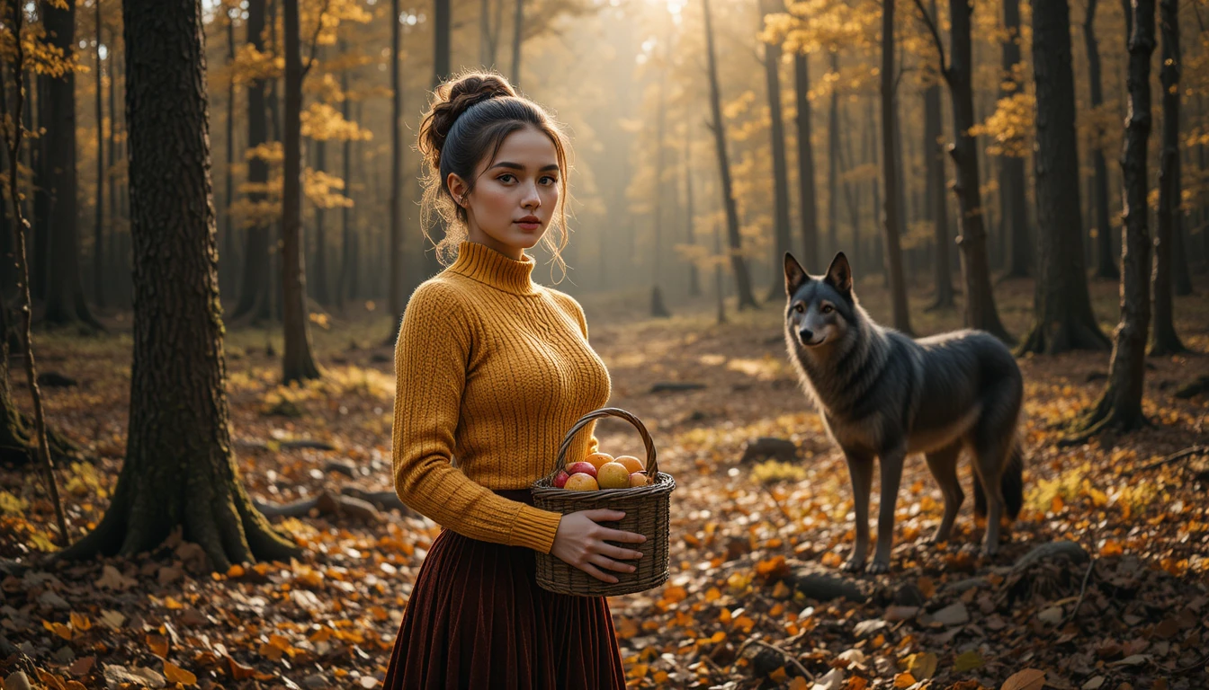 Woman kneeling with basket of porcini in autumn forest