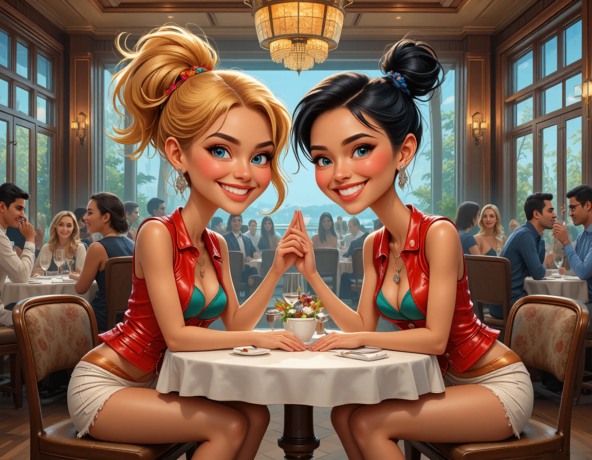Zwei Frauen teilen einen zärtlichen Moment in einem warmen Restaurant