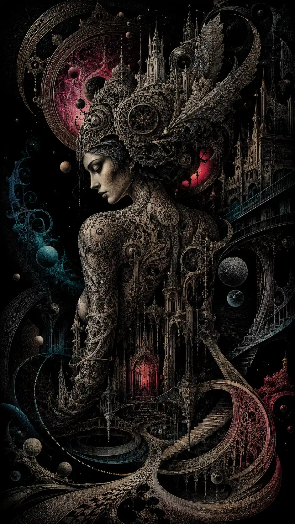 Dark surreal fantasy architecture with intricate optical illusions