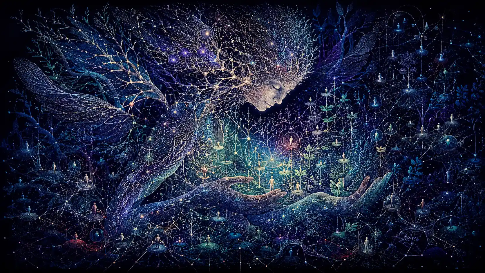 Criatura de red viviente surreal formada por puntos de datos luminosos