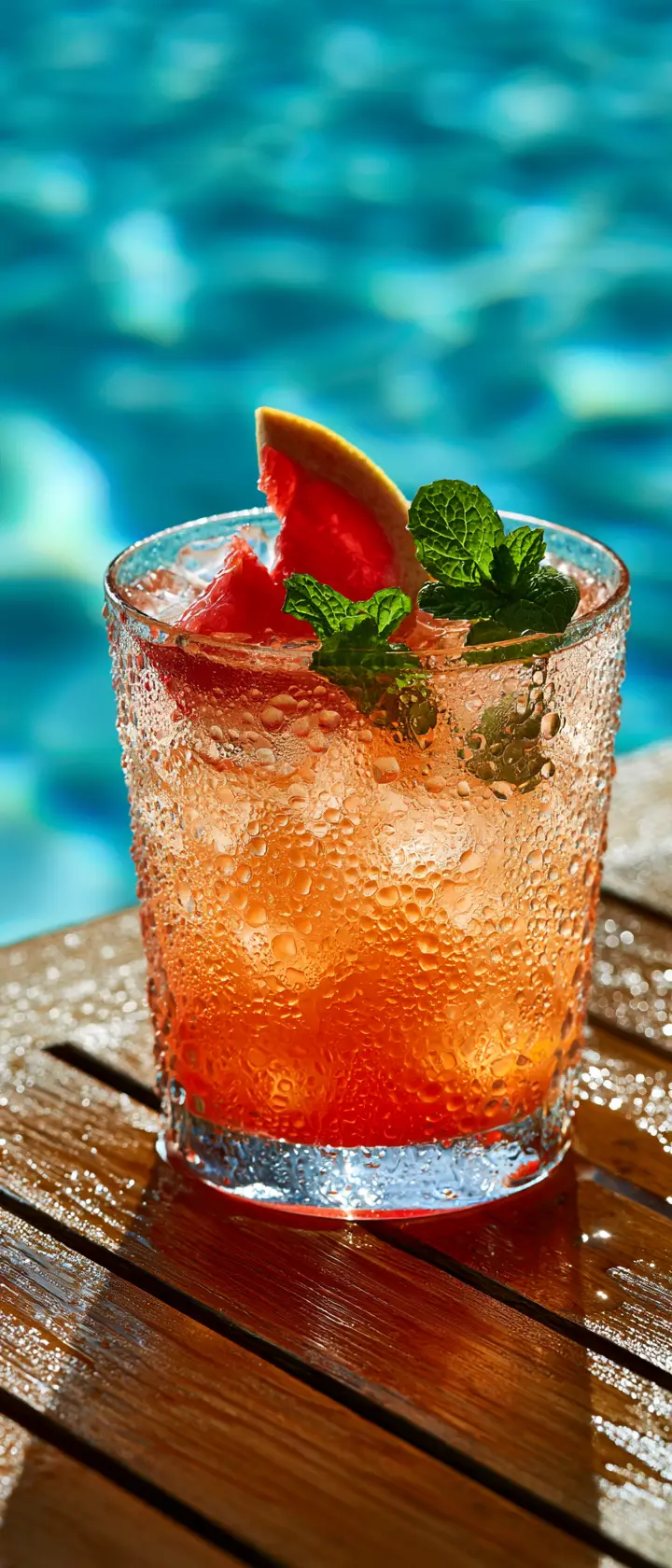 Cóctel sin alcohol artesanal de cítricos sobre una mesa soleada junto a la piscina