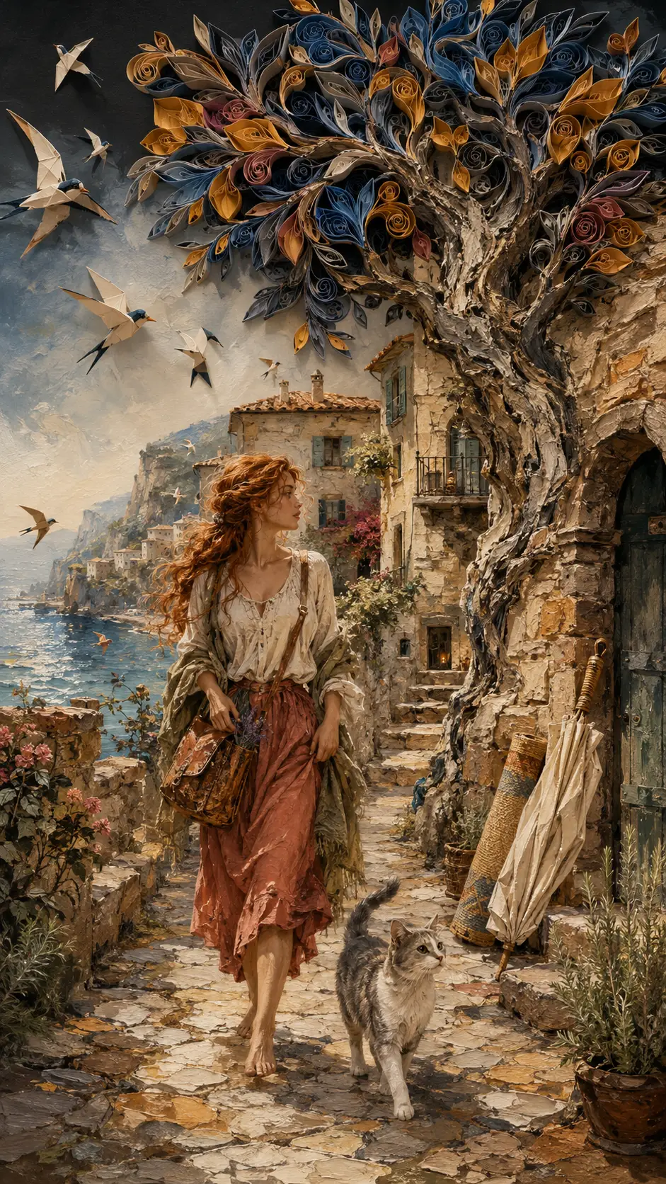 Ginger haired girl walking through a quiet coastal village