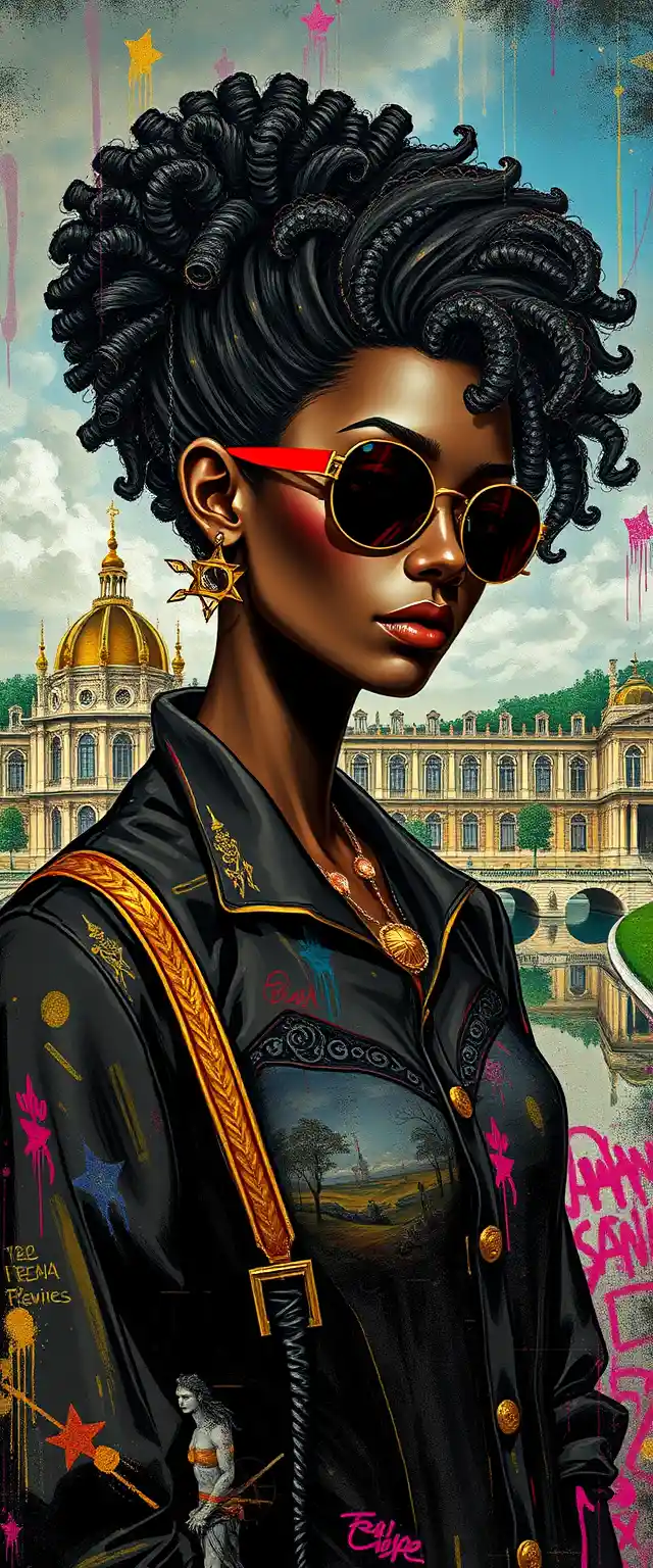 Femme futuriste devant Versailles avec un arrière-plan de graffitis vibrants
