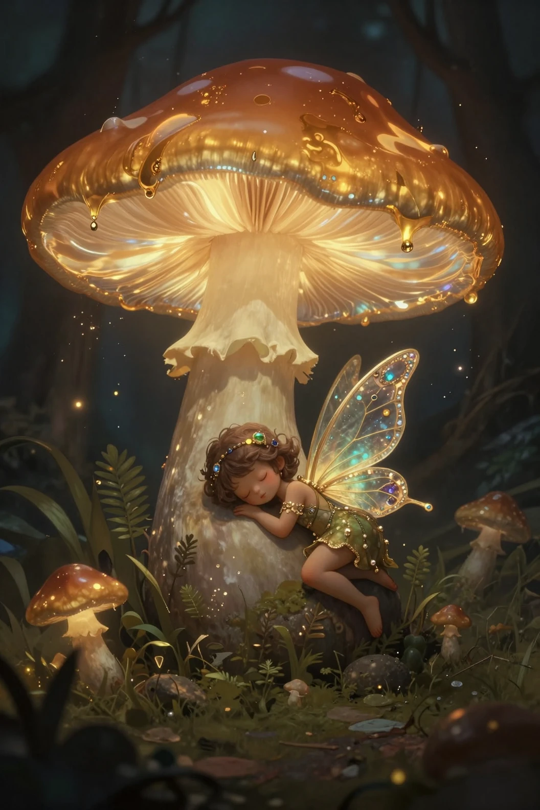 Fée endormie sous un champignon lumineux dans une forêt enchantée