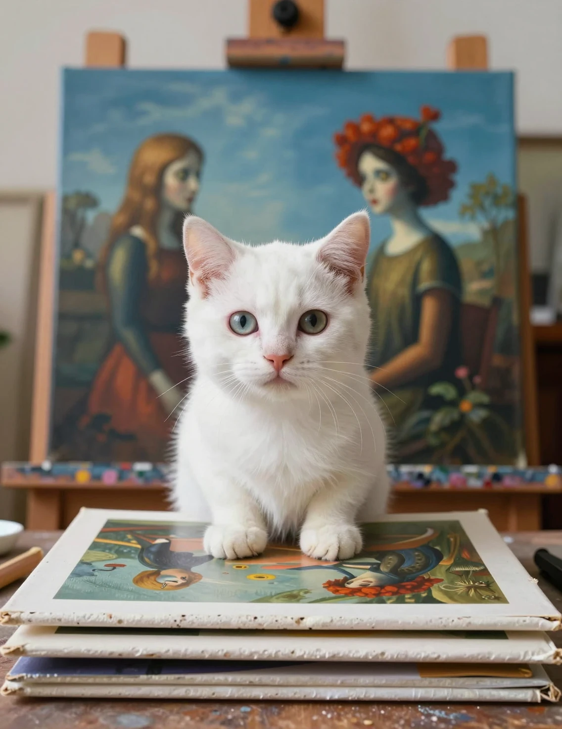Weiße Kätzchen, das durch surreale Kunst im Studio blickt