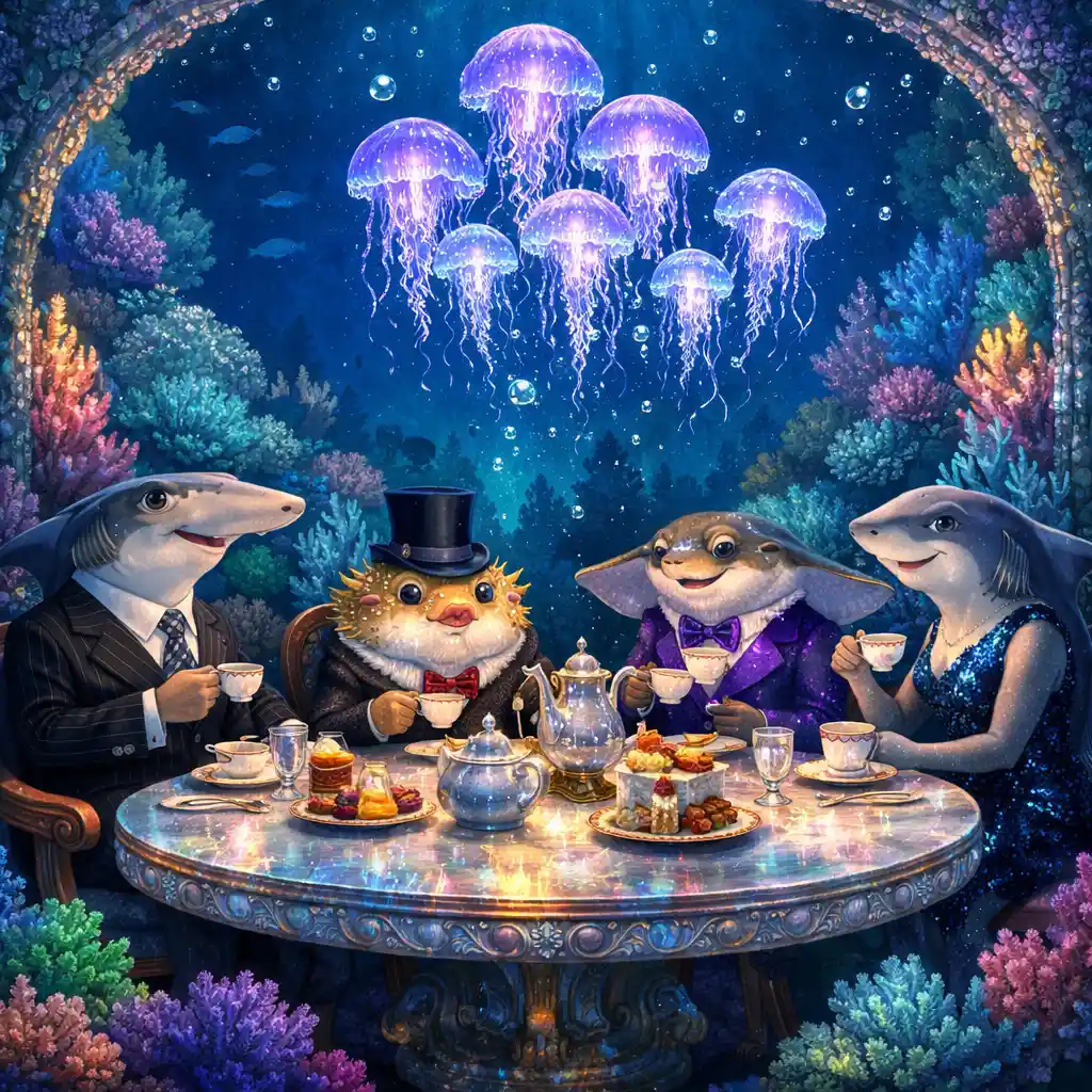 Chá subaquático com elegantes criaturas marinhas antropomórficas