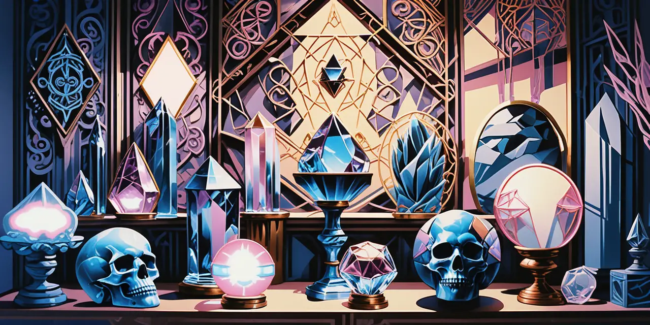 Crystal relics in ornate glass display with neon line art