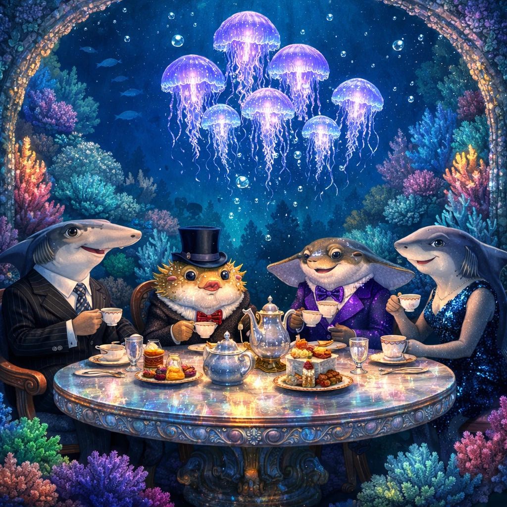 Tea-party sous-marine avec d’élégantes créatures marines anthropomorphes