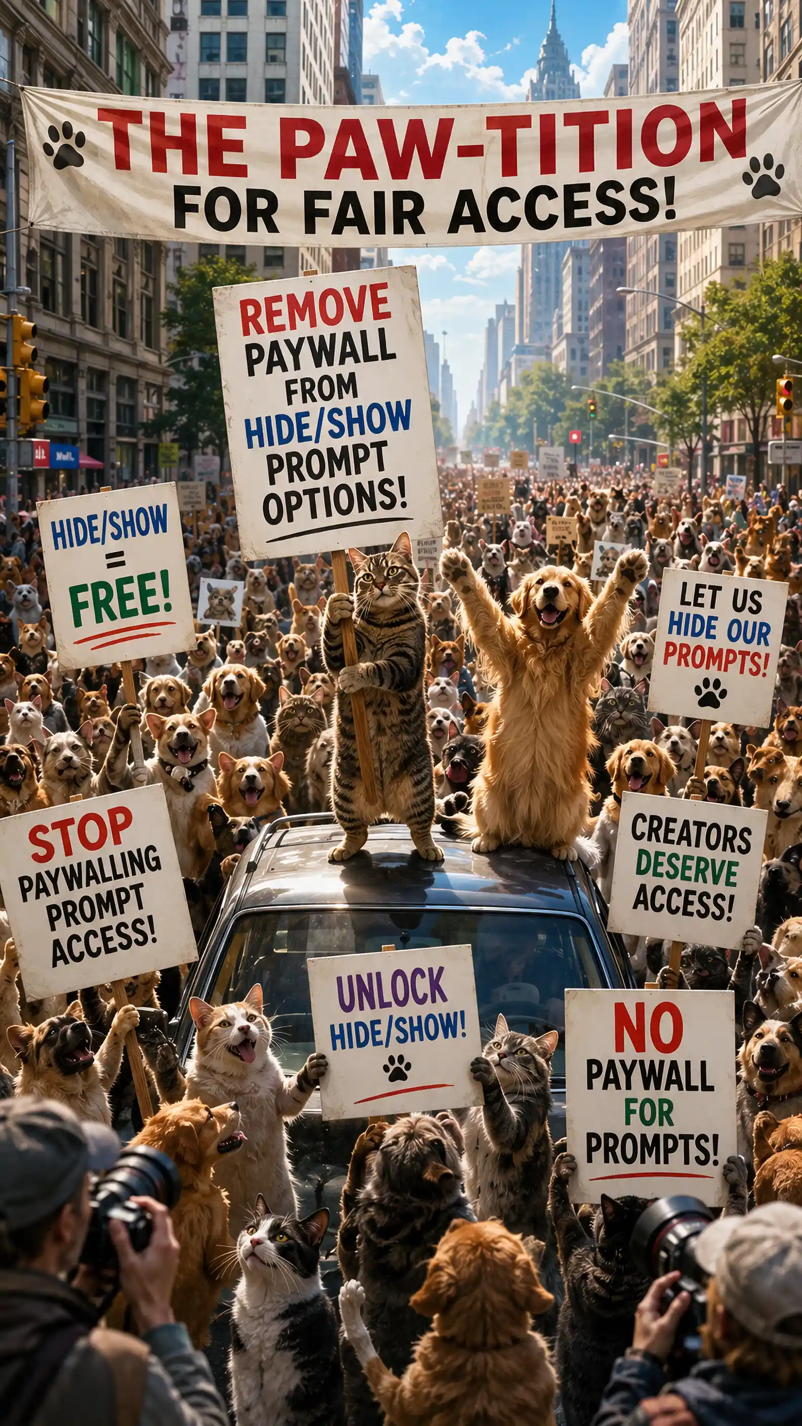 Cinematic cat and dog protest flooding a busy city street
