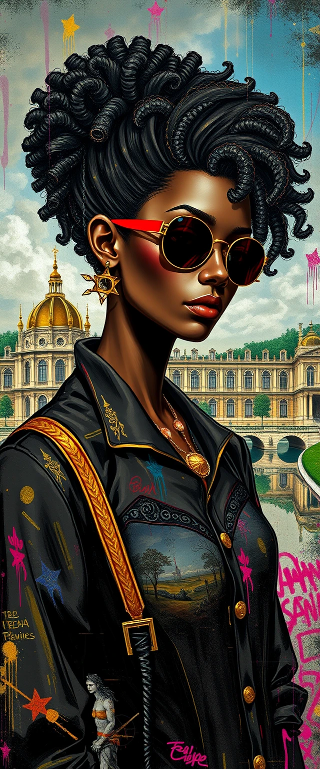 Mulher futurista diante de Versalhes com vibrante fundo de grafite