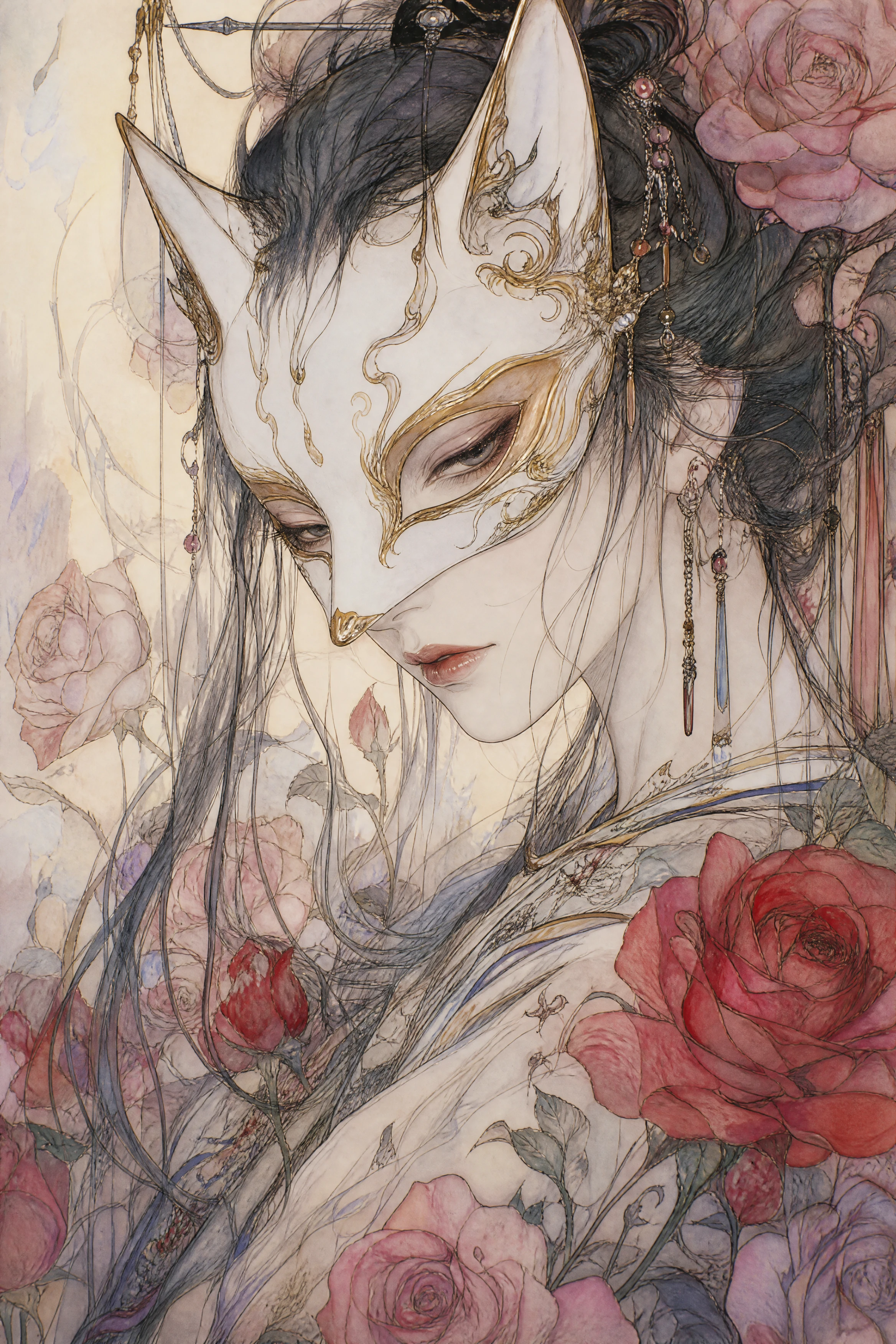 Ragazza mascherata circondata da delicate rose rosa e rosse