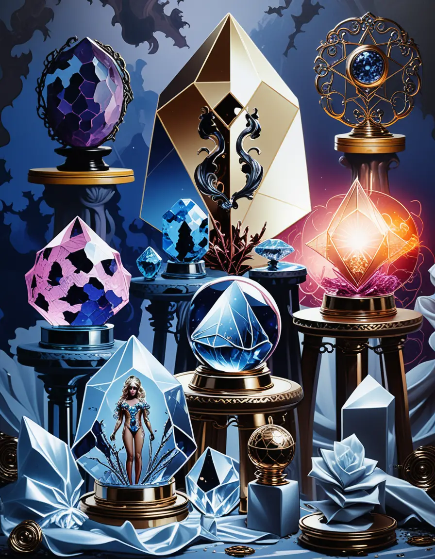 Mystical crystal relics with trapped energy spirits on display