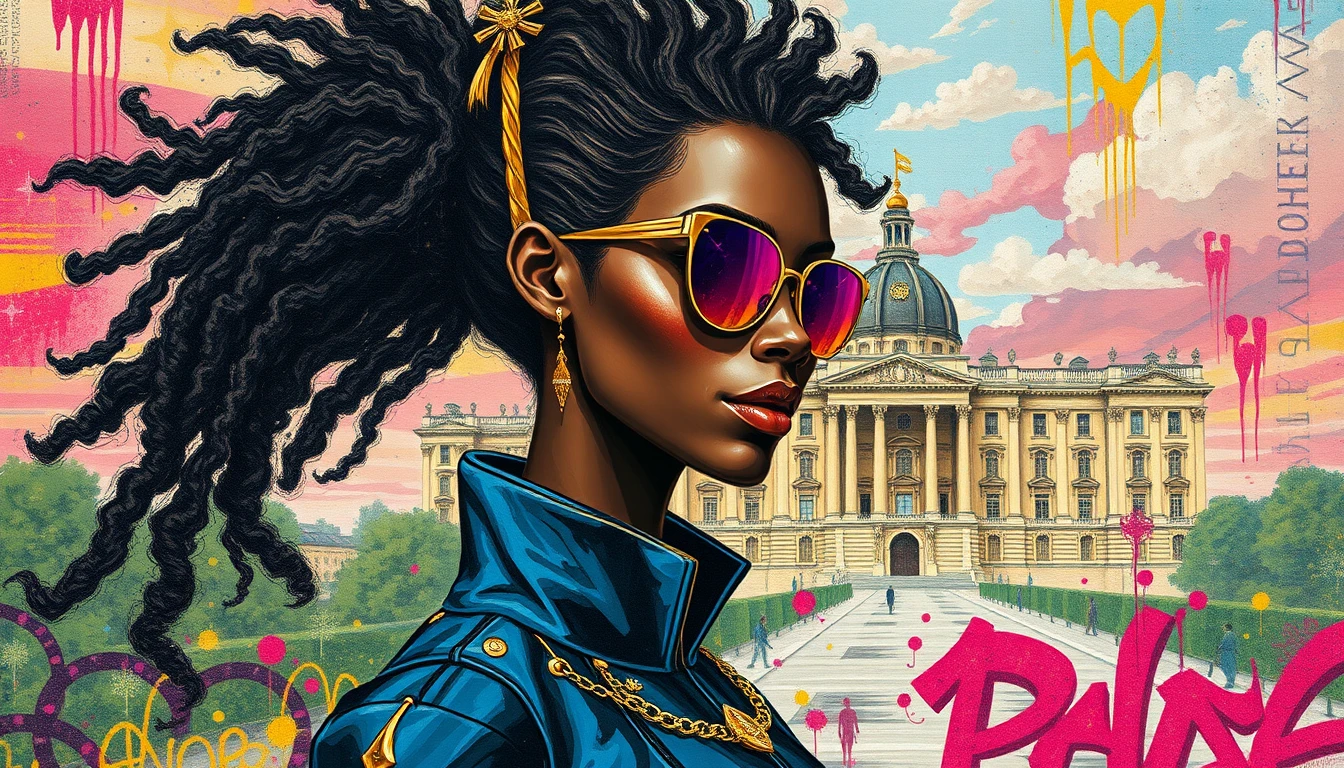 Mulher futurista diante de Versalhes e de um vibrante muro de grafite