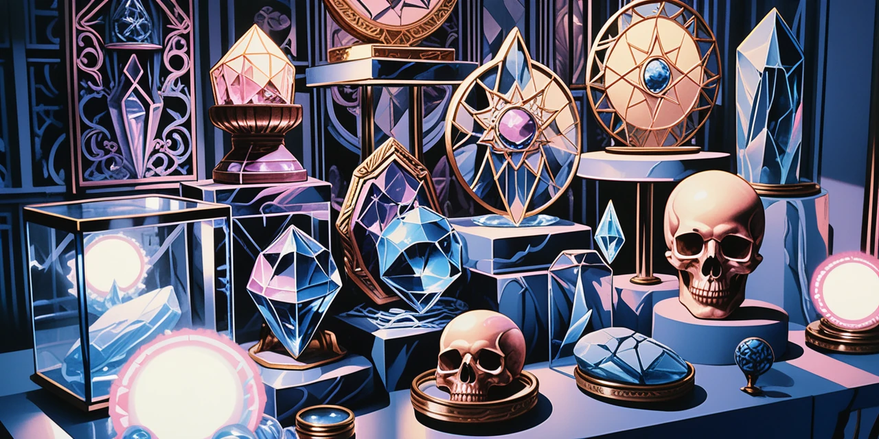 Reliques de cristal exposées dans une vitrine en verre de sorcière néon