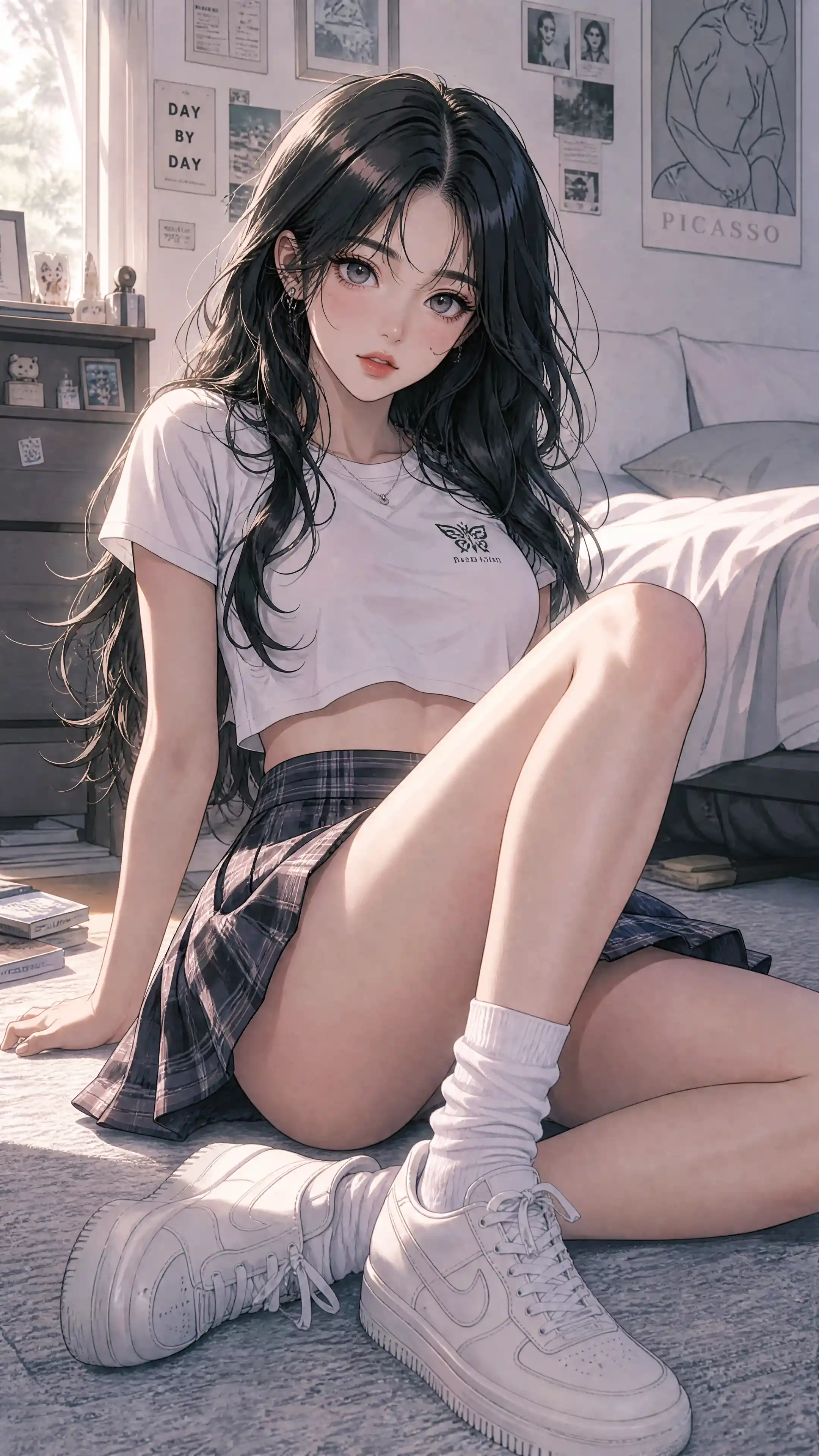 Anime girl sitting on bedroom floor in casual outfit