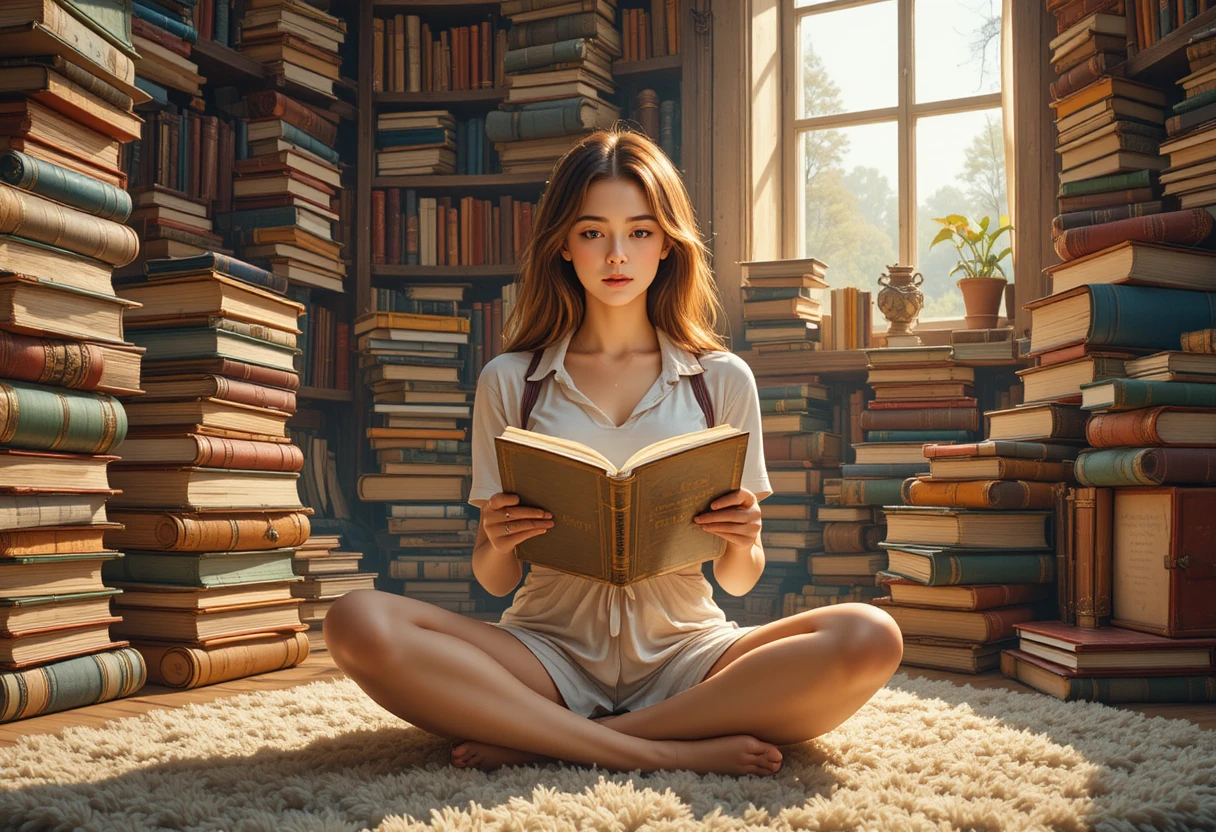Jovem lendo em posição de lótus entre altas pilhas de livros