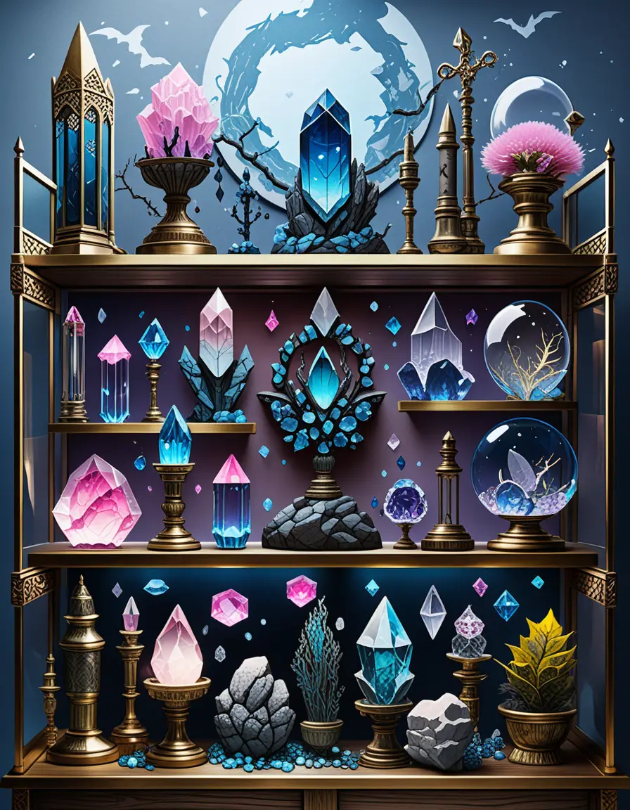 Mystical crystal relic display in neon line art style