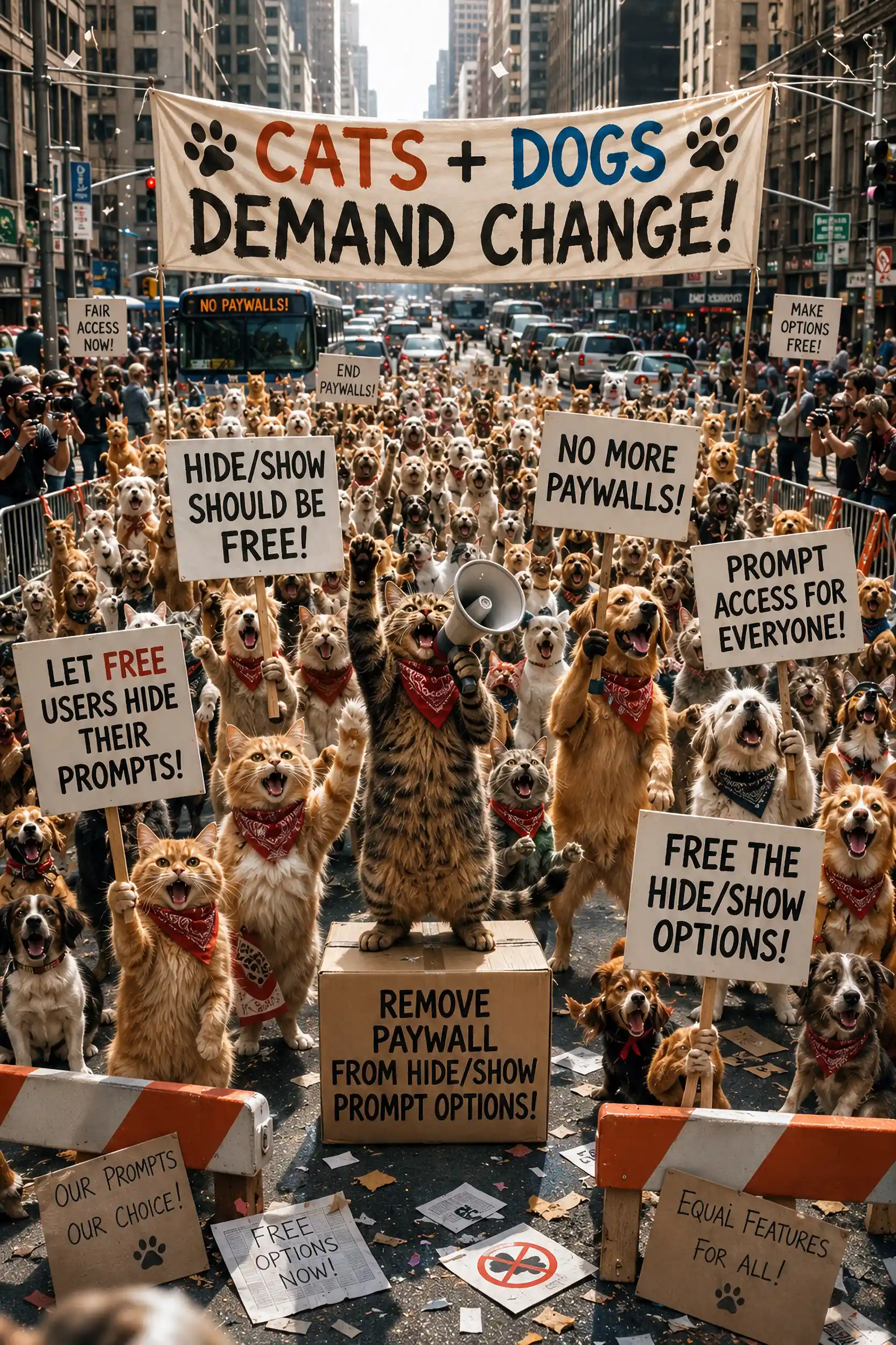 Gatos e cães marcham em um protesto bem-humorado nas ruas da cidade