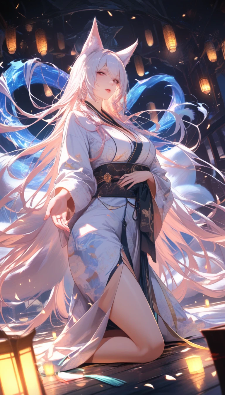 Mulher de anime de yukata ajoelhada em um templo iluminado por velas