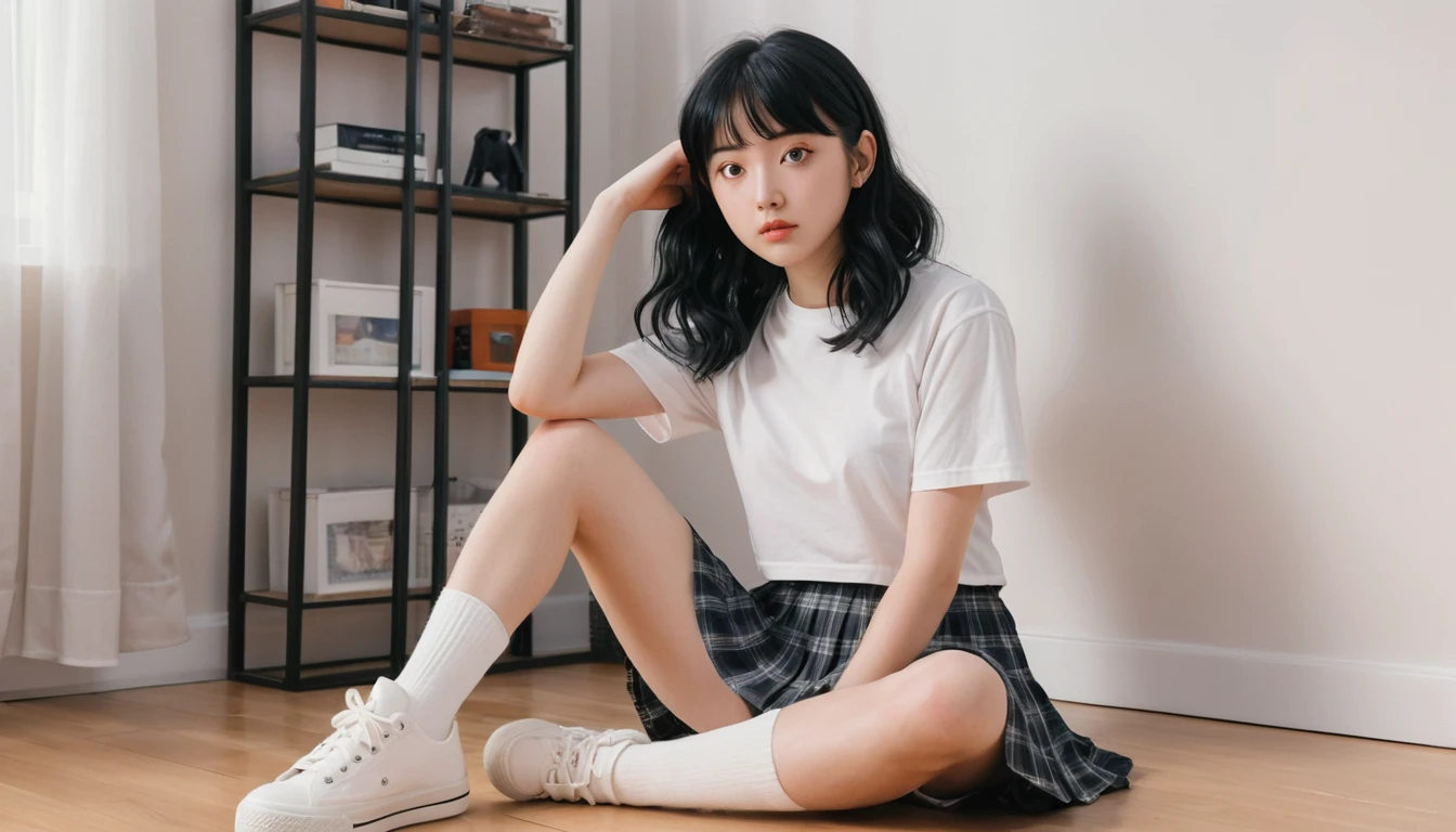 穿著休閒服坐在臥室地板上的動漫女孩