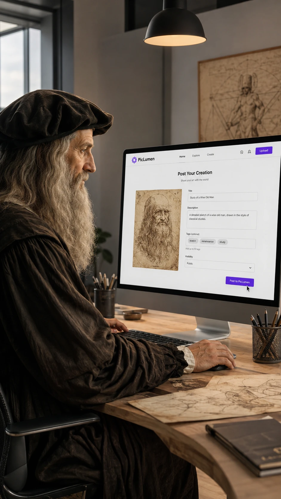 Renaissance man at computer desk in a modern office