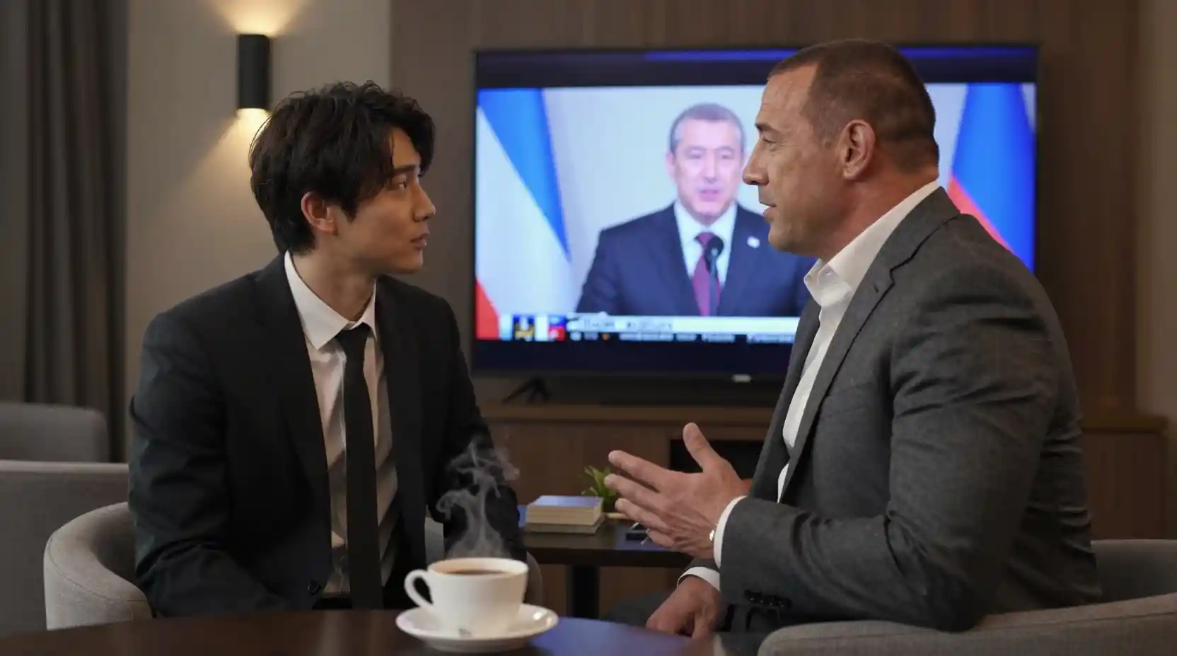 Two men watching a tense press conference in hotel lounge