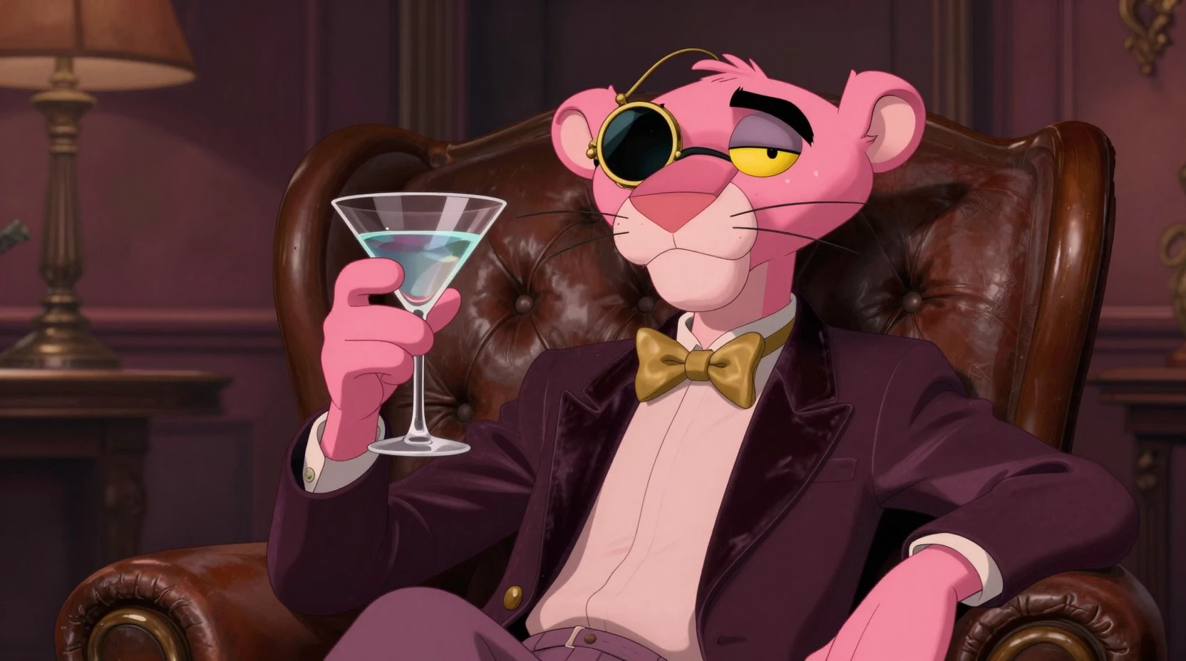 Panthère rose sophistiquée en veste de velours avec martini