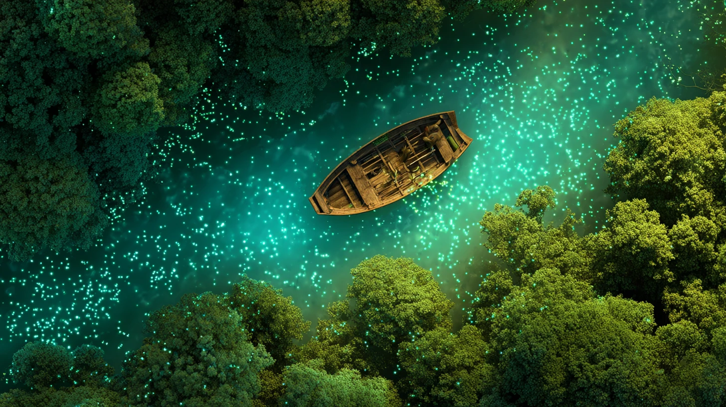 Petit bateau en bois dérivant sur une rivière magique et lumineuse