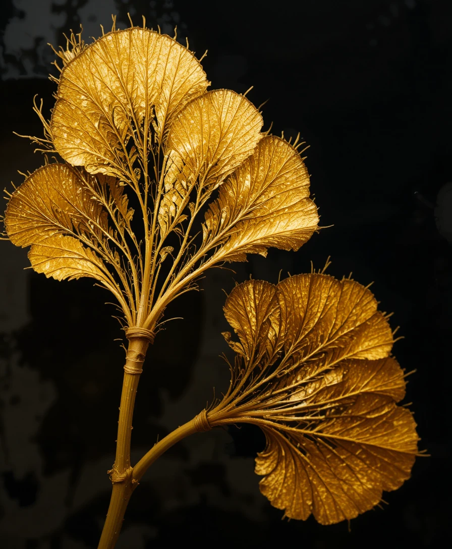 Close-up de estêncil de folha de ginkgo dourada em fundo preto