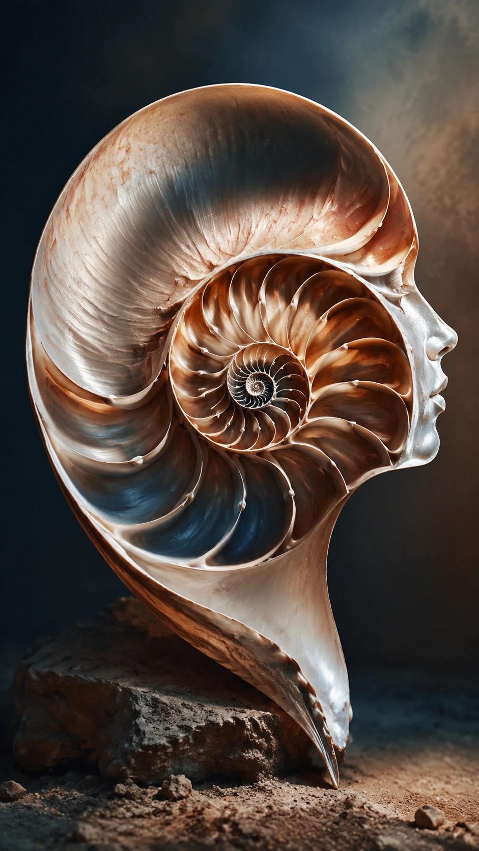 Spiral nautilus shell forming a hidden female profile