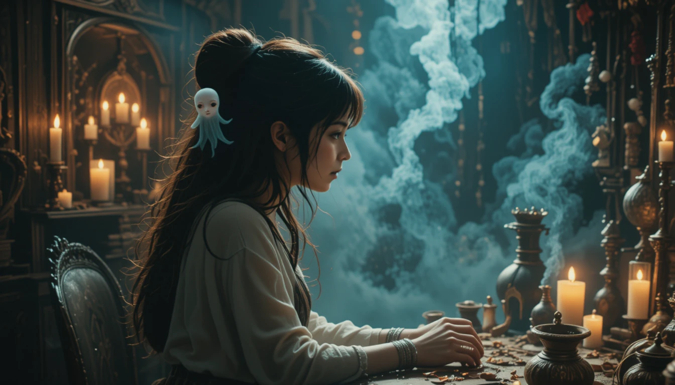 Jeune femme avec un petit esprit à une table de voyante
