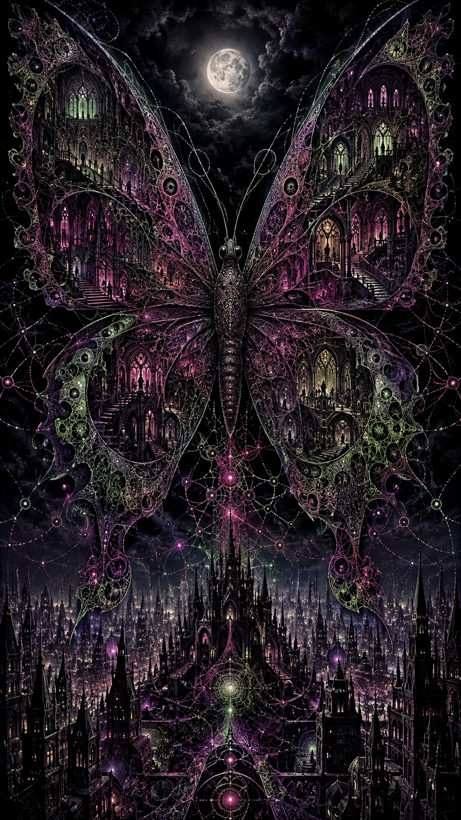 Gothic butterfly cathedral hovering above a moonlit city