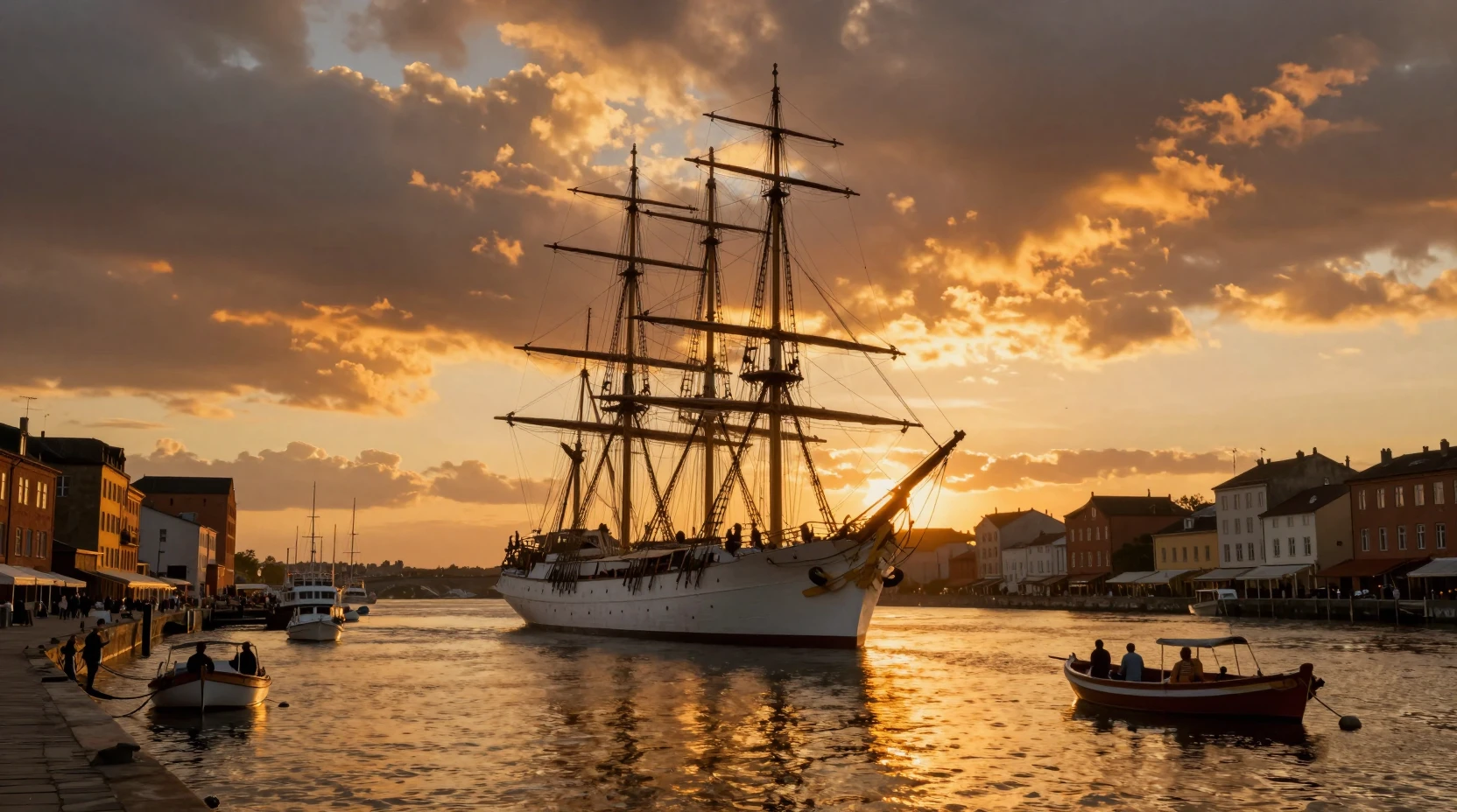 Tall sailing ship in a historic harbor at sunset