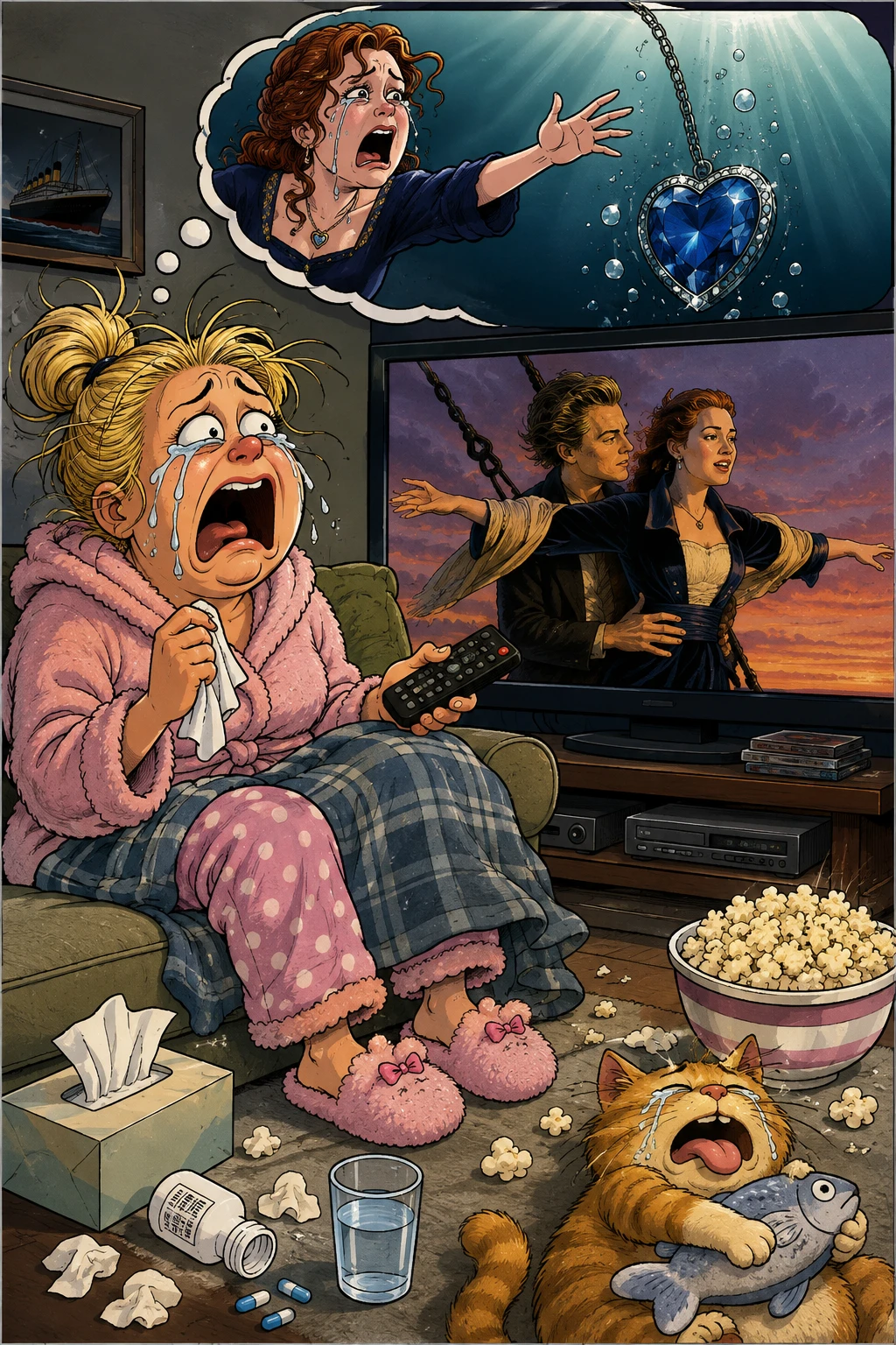 Playful comic illustration inspired by a sinking sapphire scene