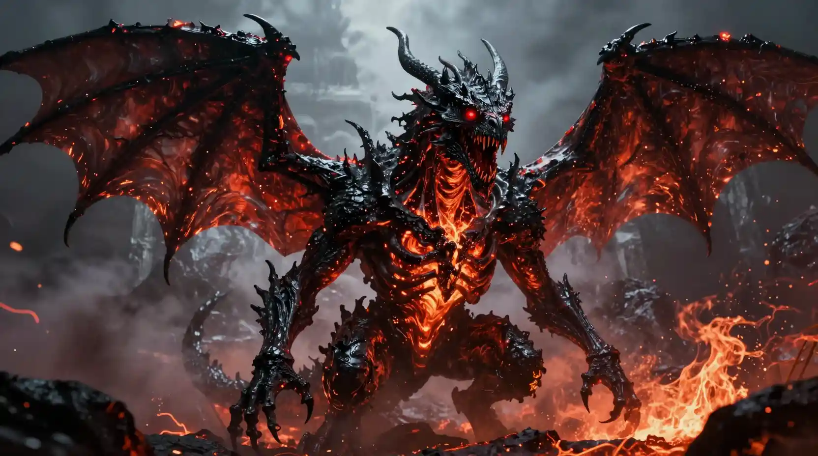 Dragão Infernal de Obsidiana sobre Deserto Vulcânico em Chamas