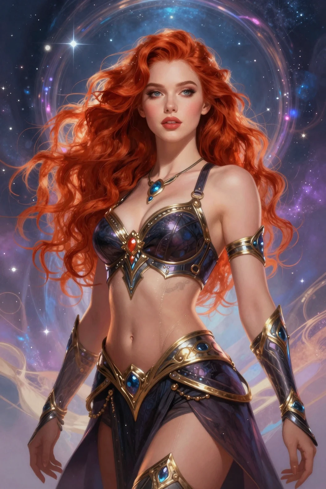 Guerrera pelirroja de fantasía posando como una diosa