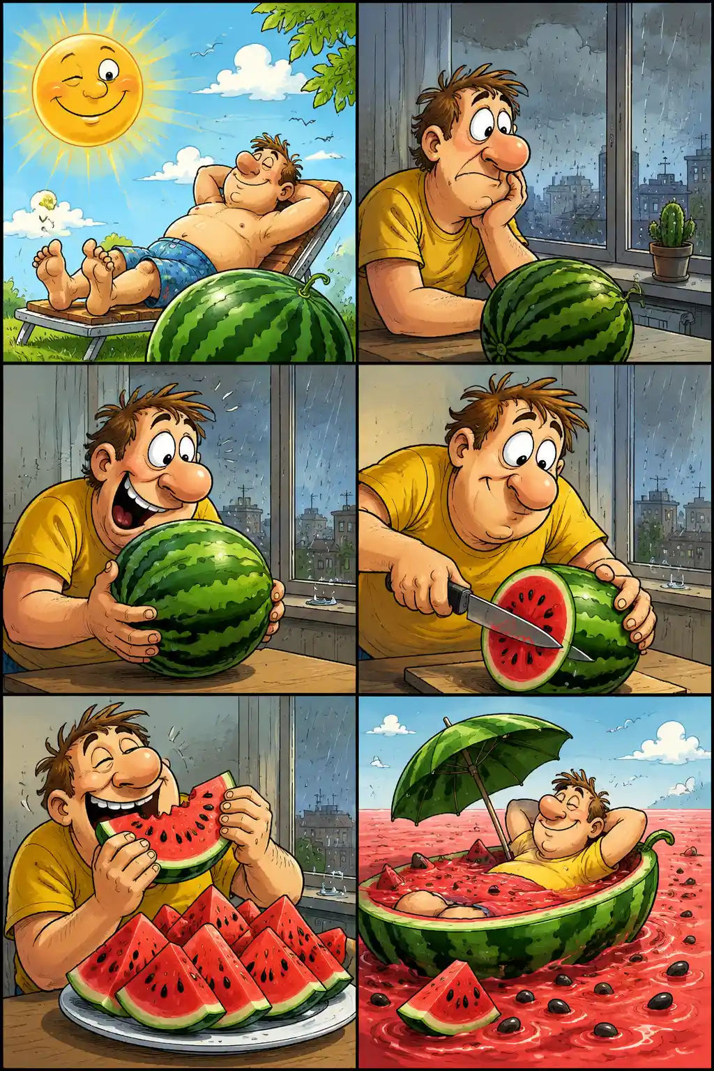 Cheerful cartoon illustration of a delightful watermelon day