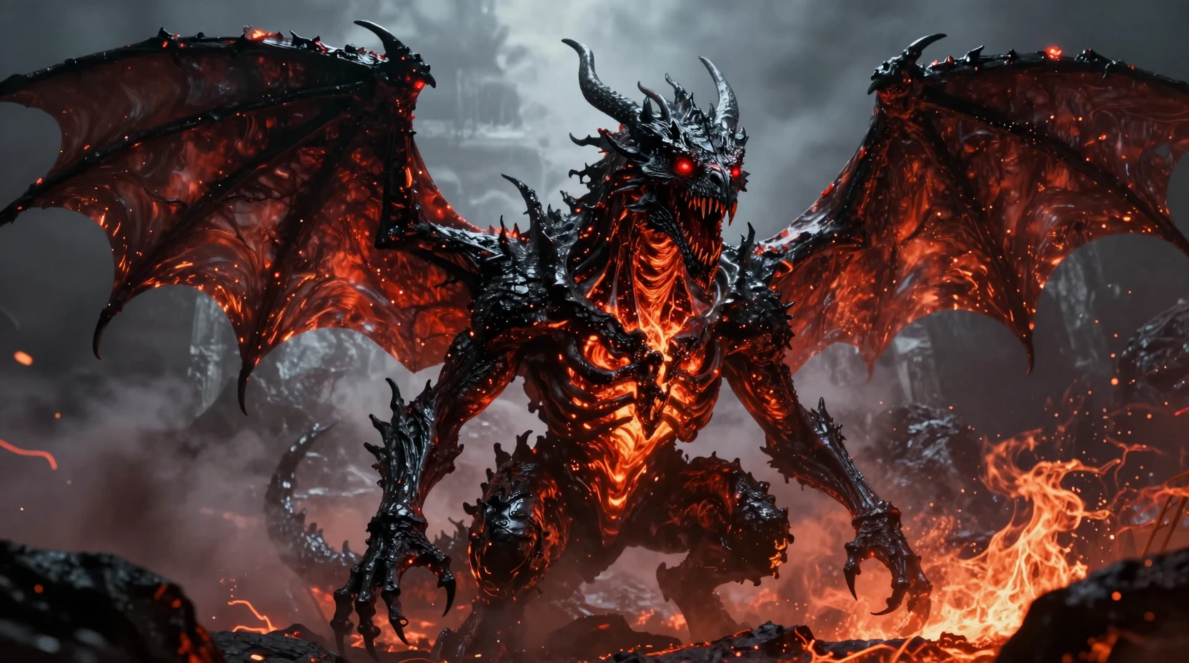 Dragão Infernal de Obsidiana sobre Deserto Vulcânico em Chamas