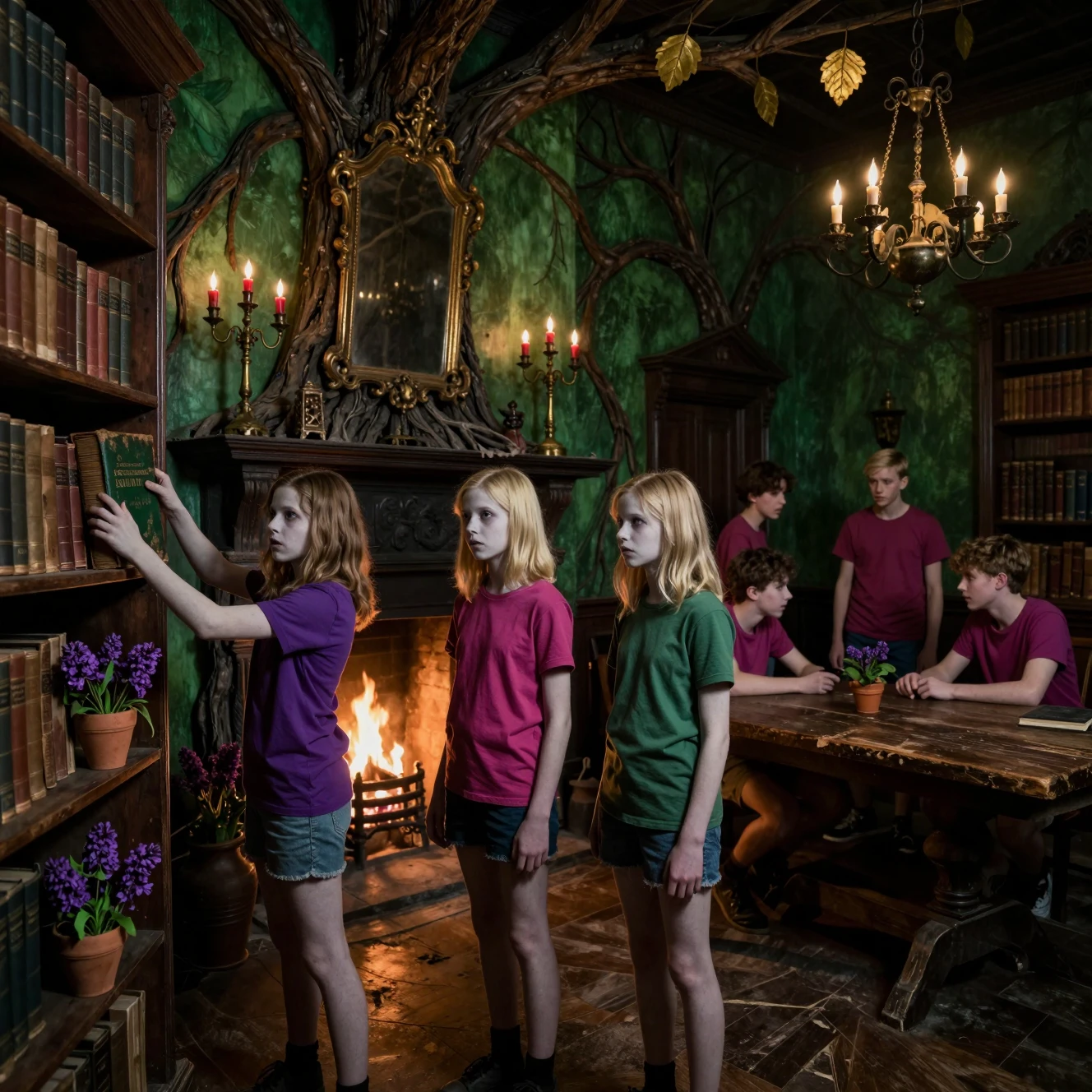 Gêmeos descobrem um livro misterioso em uma biblioteca gótica