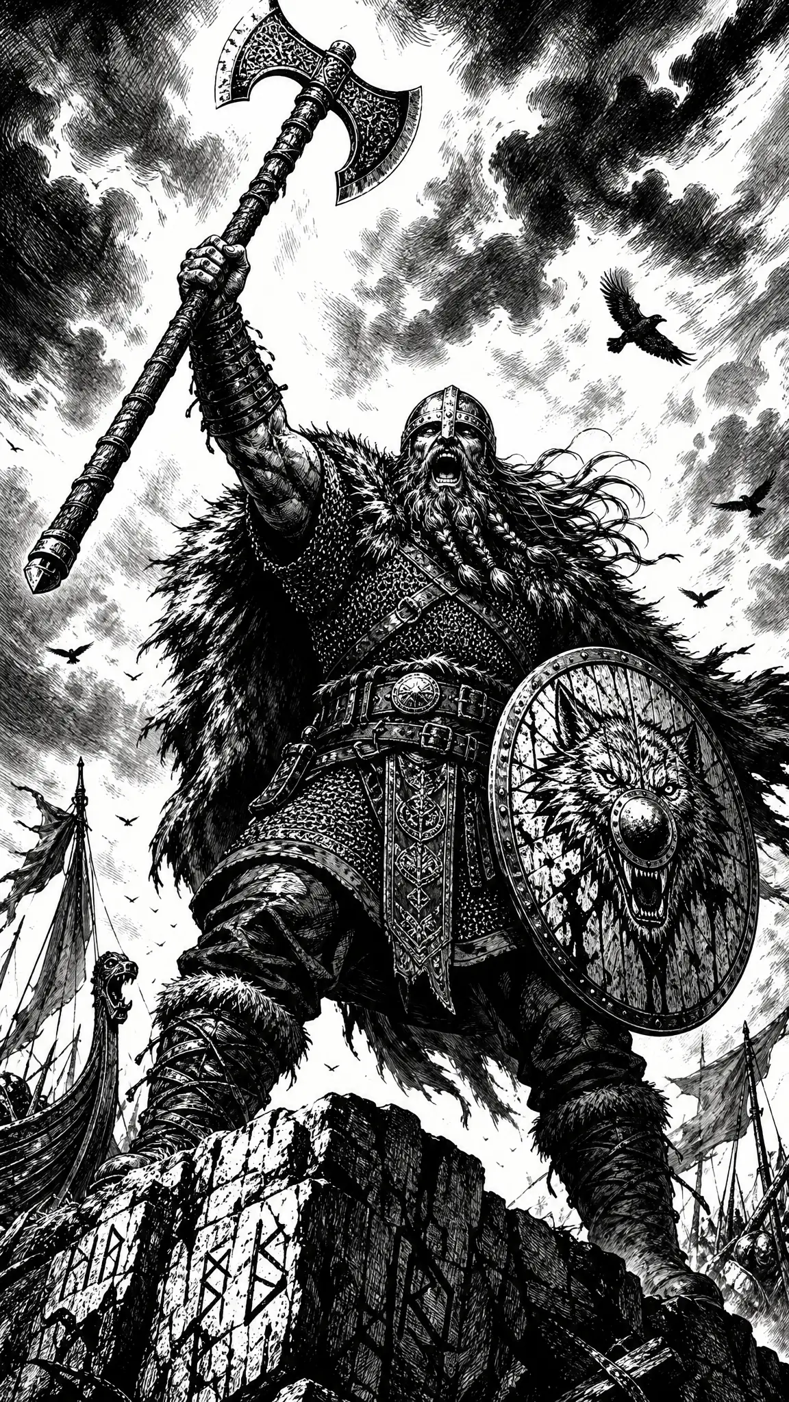 Legendary viking warrior raising axe atop shattered cliff