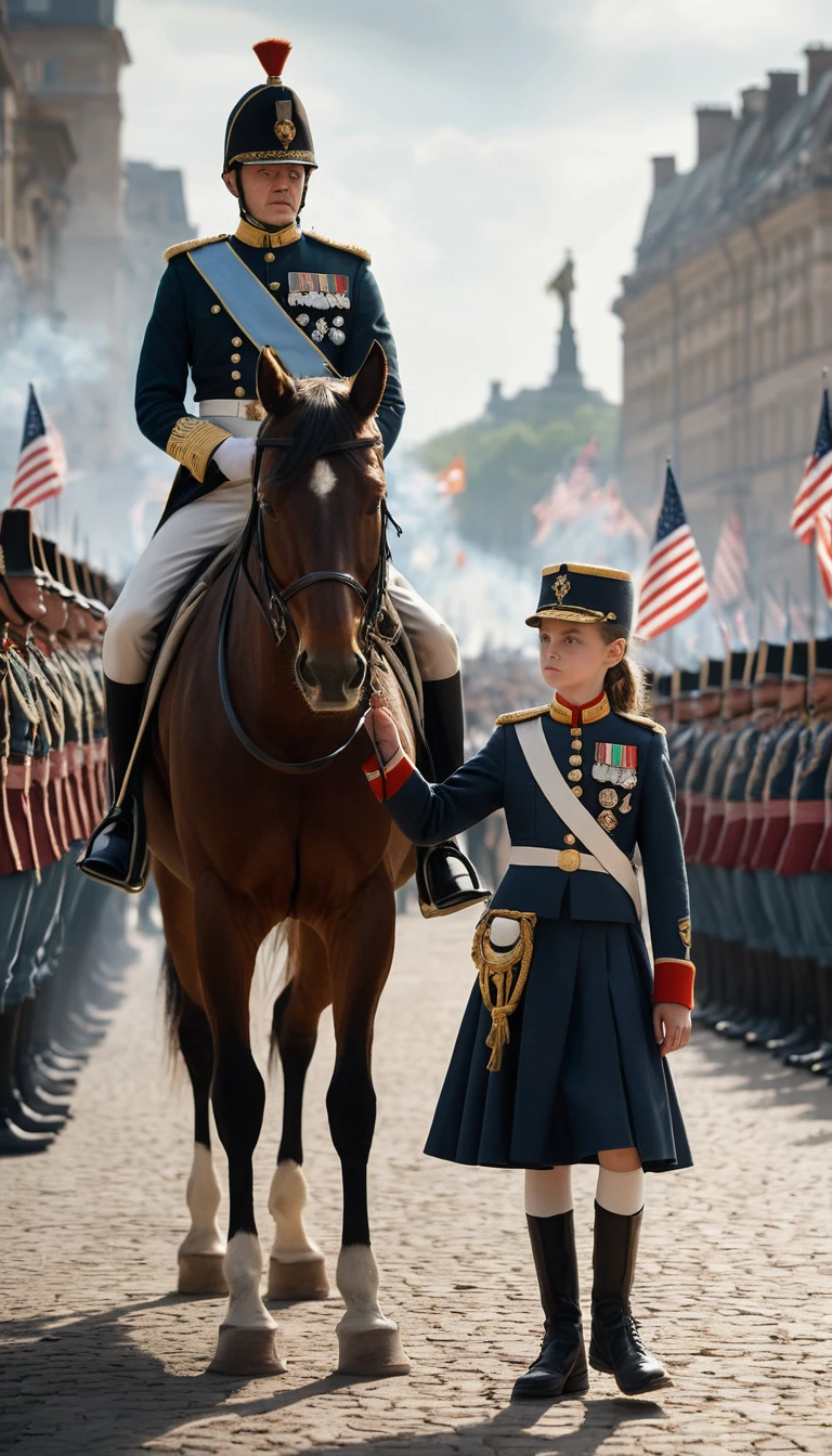 Military parade general on horseback facing a brave child