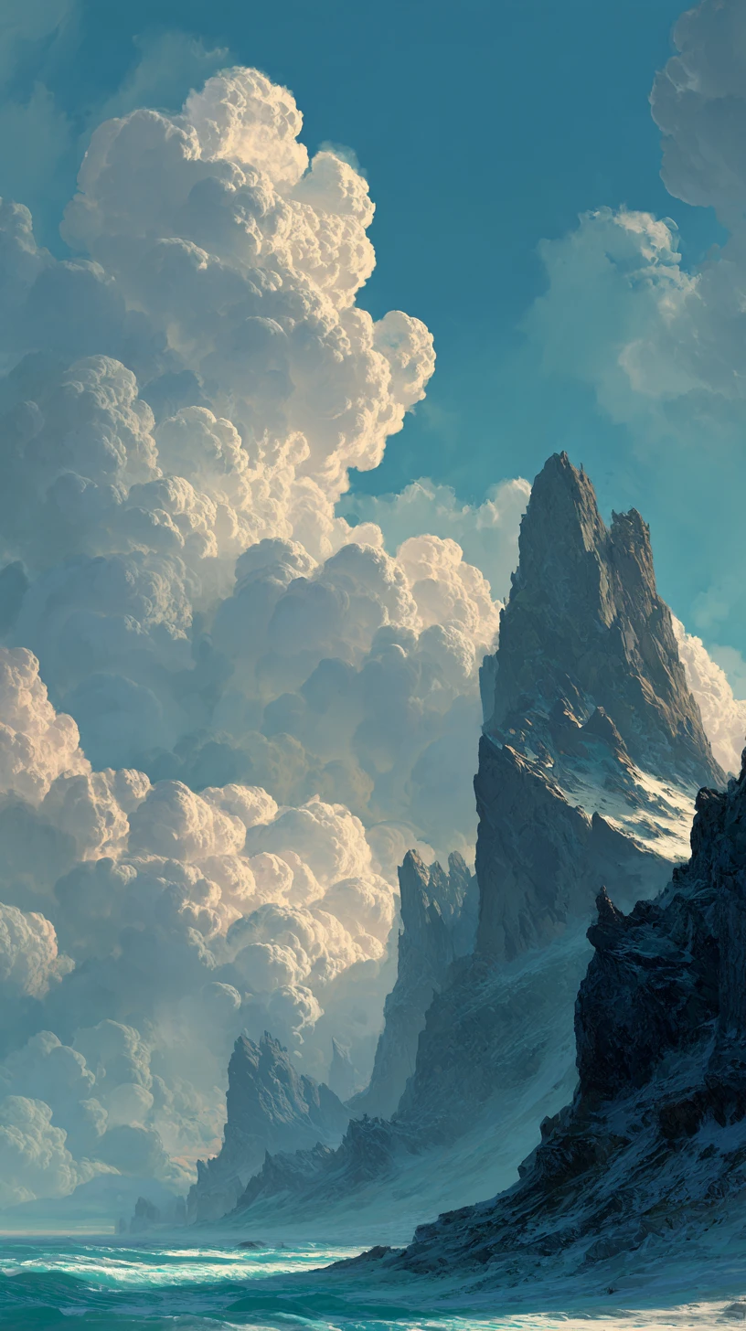 Paisaje de fantasía surreal con montañas invertidas y nubes brillantes
