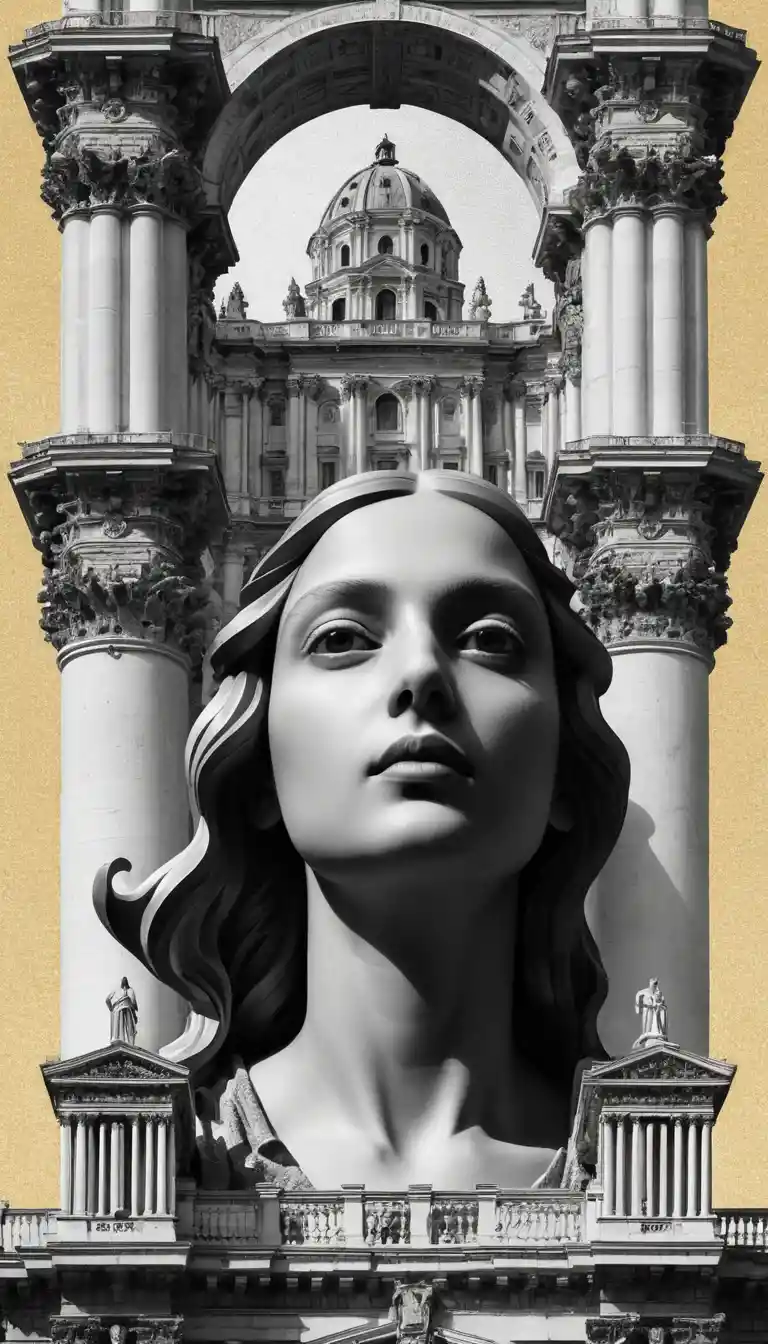 Architectural girl portrait in black and white collage style