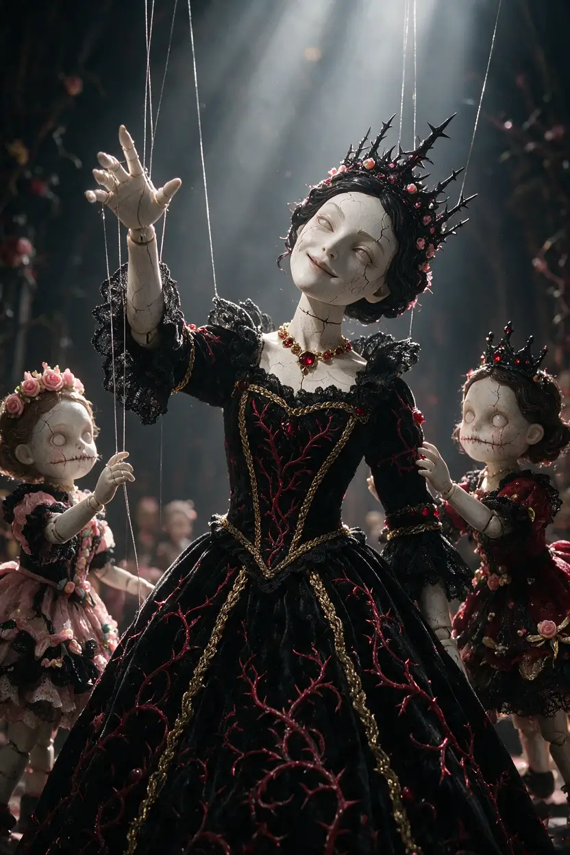 Gothic puppet queen framed by eerie porcelain dolls