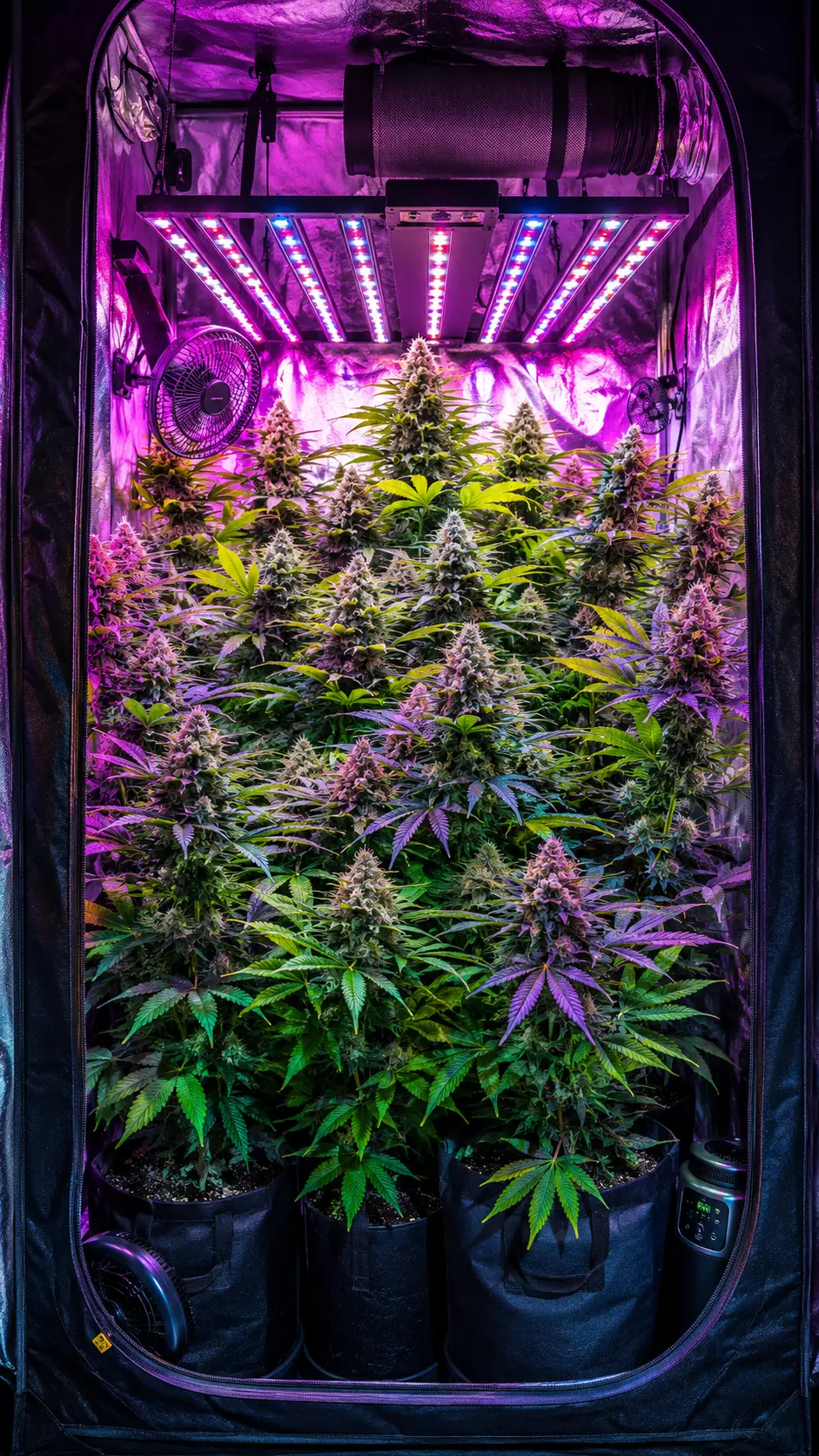 Indoor grow tent filled with lush cannabis plants